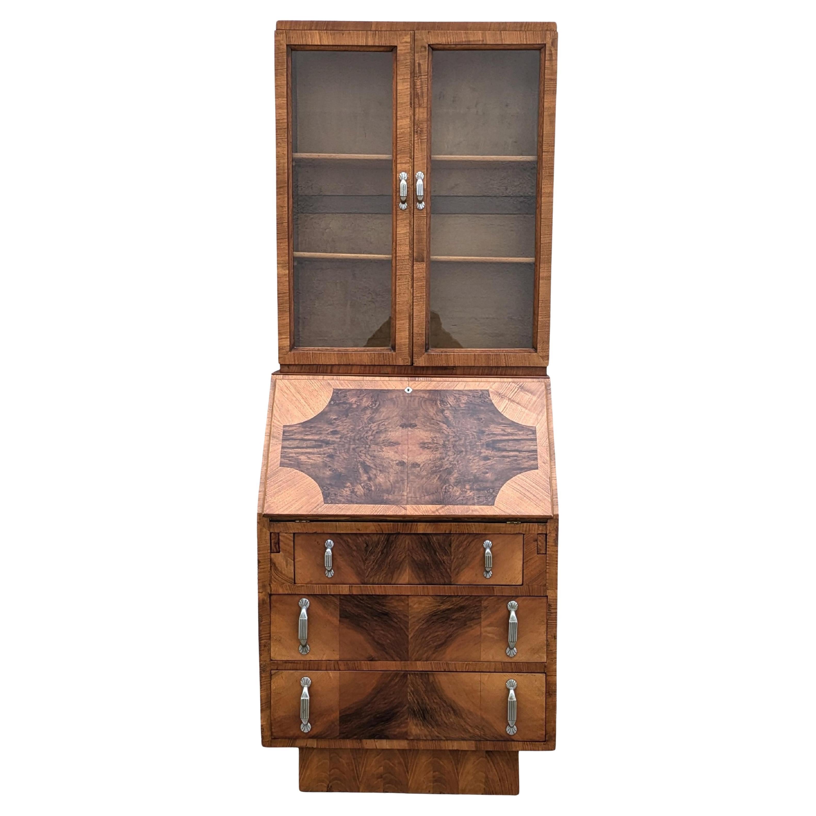 Art Deco Walnut Upright Glazed Bookcase Bureau, England, c1930