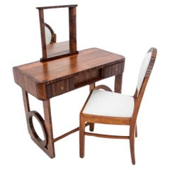 Art Deco Walnut Vanity Dressing Table with Chair, Poland, 1930s