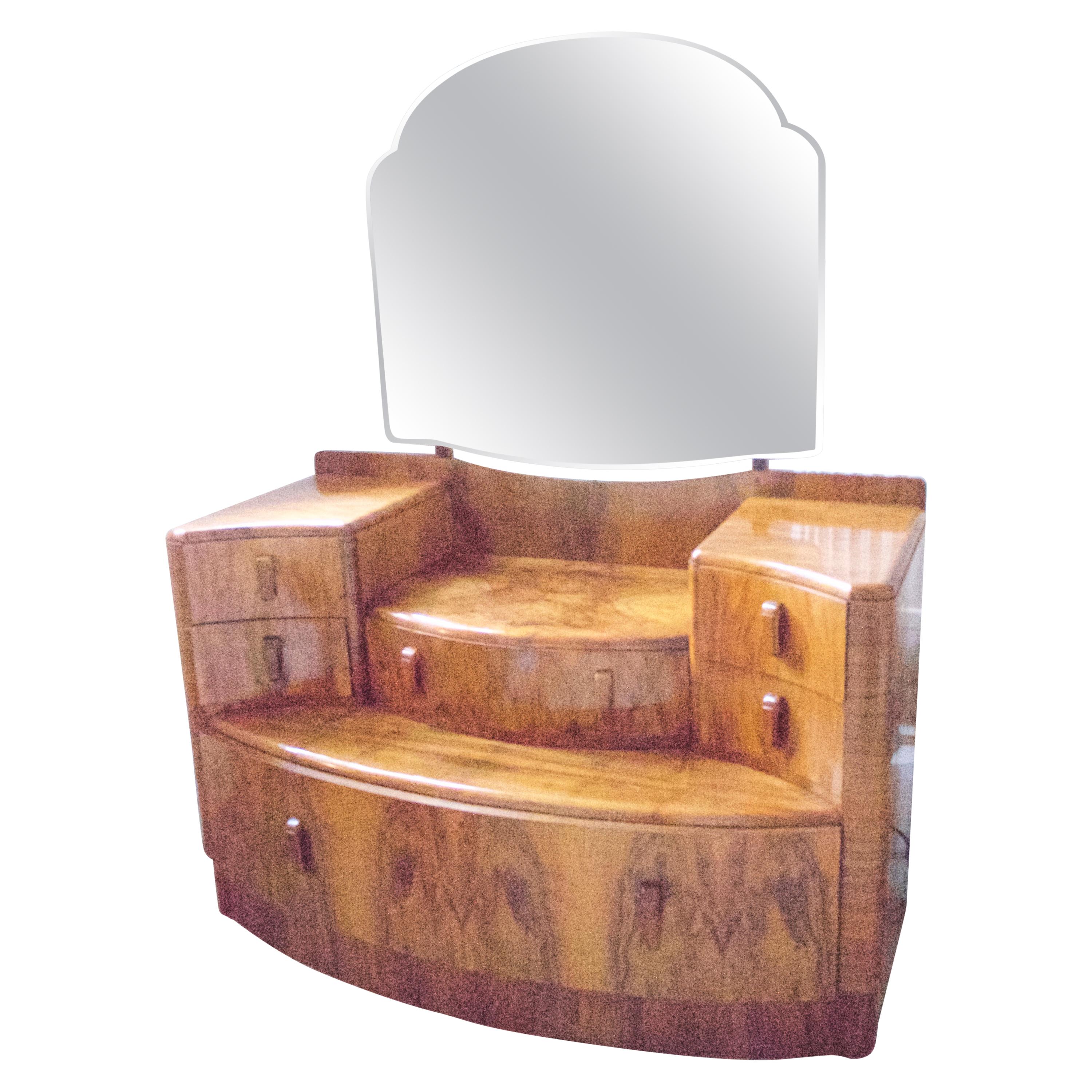 Art Deco Walnut Veneer Dressing Table with Six Drawers and Large Mirror, 1930s For Sale