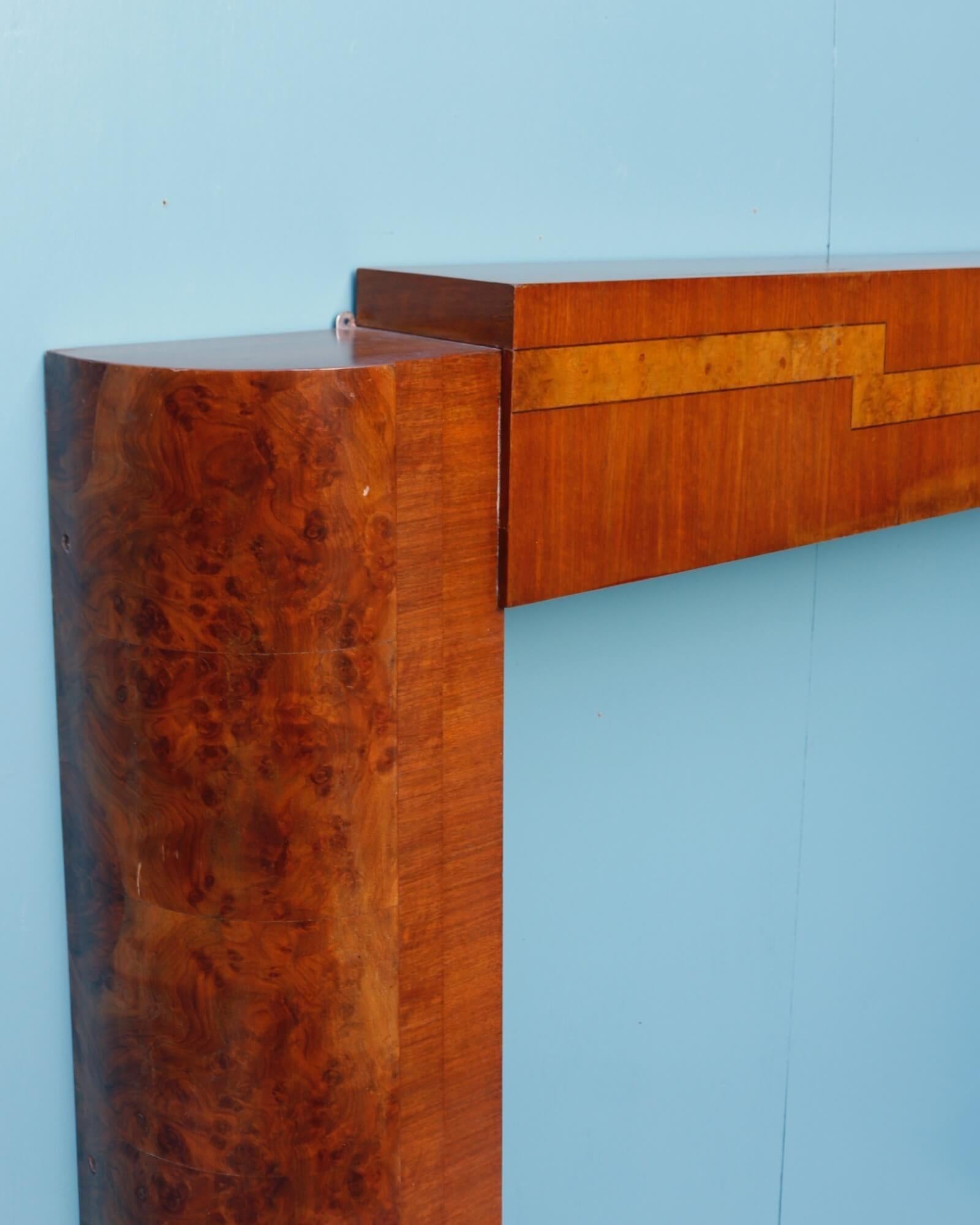Art Deco Walnut Veneer Fire Mantel In Fair Condition For Sale In Wormelow, Herefordshire
