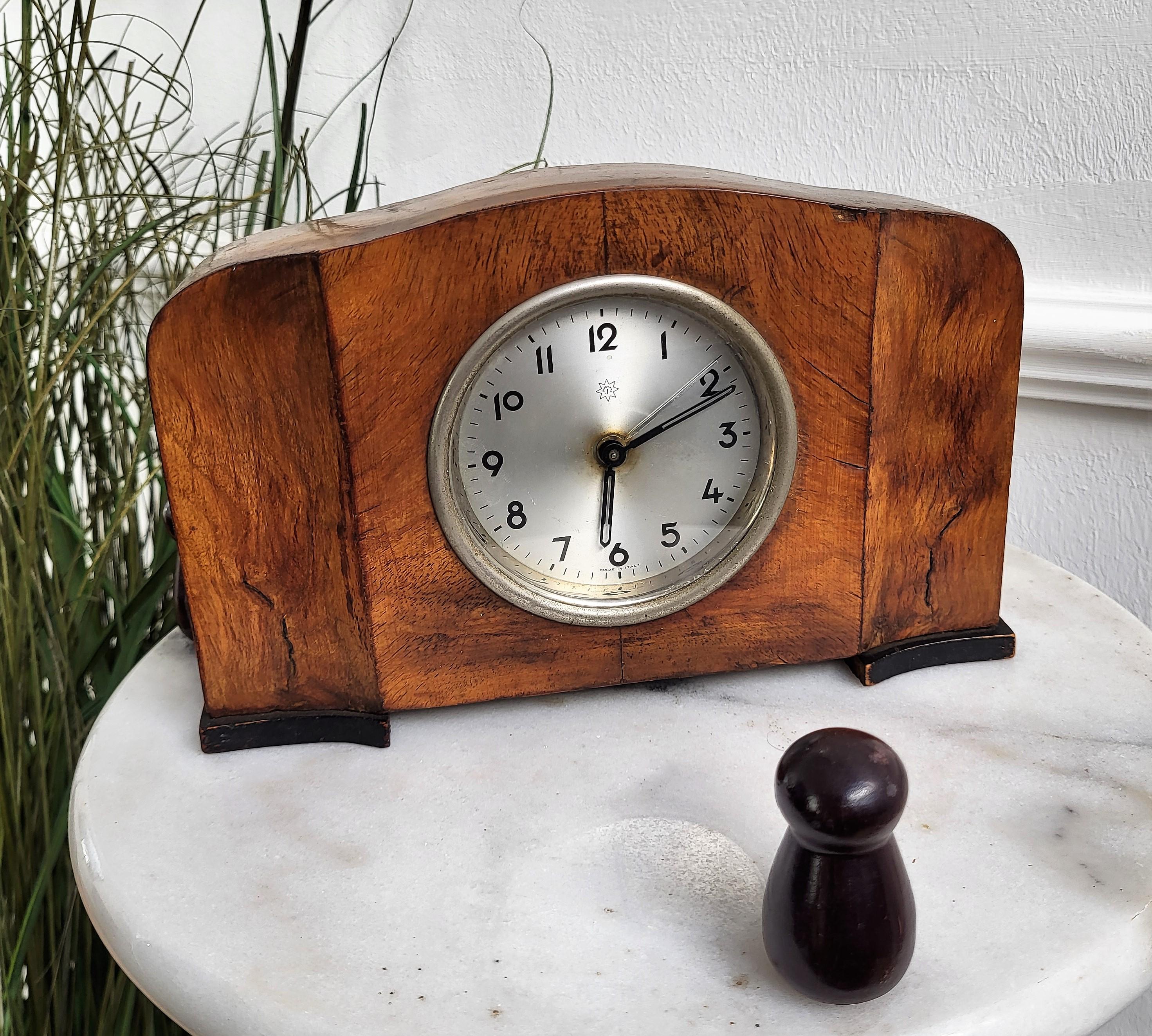 Italian Art Deco Walnut Veneer Junghans Made in Italy Mantel Table Desk Alarm Clock For Sale