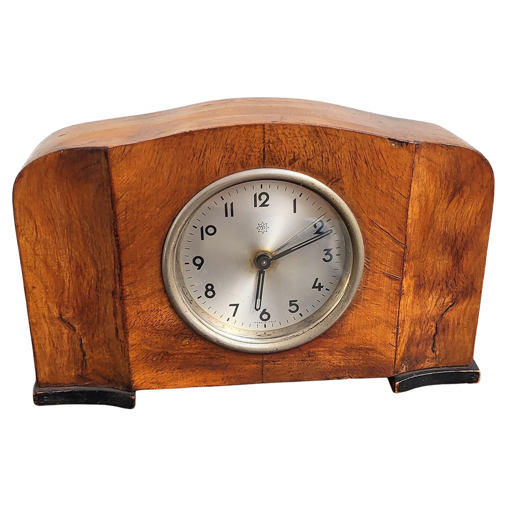 Art Deco Walnut Veneer Junghans Made in Italy Mantel Table Desk Alarm Clock For Sale