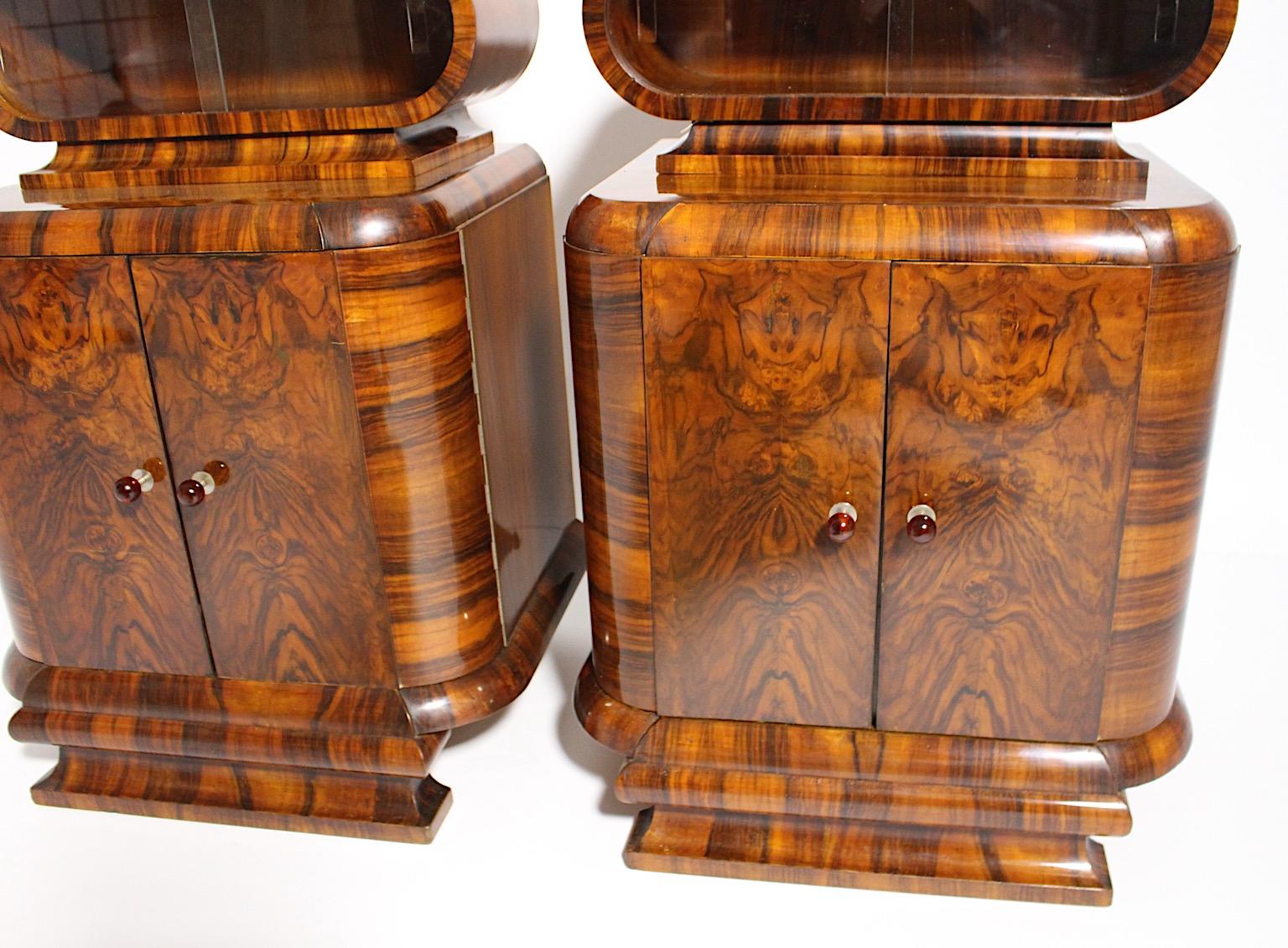 Austrian Art Deco Walnut Vintage Pair of Nightstands or Chests or Commodes 1930s Vienna For Sale