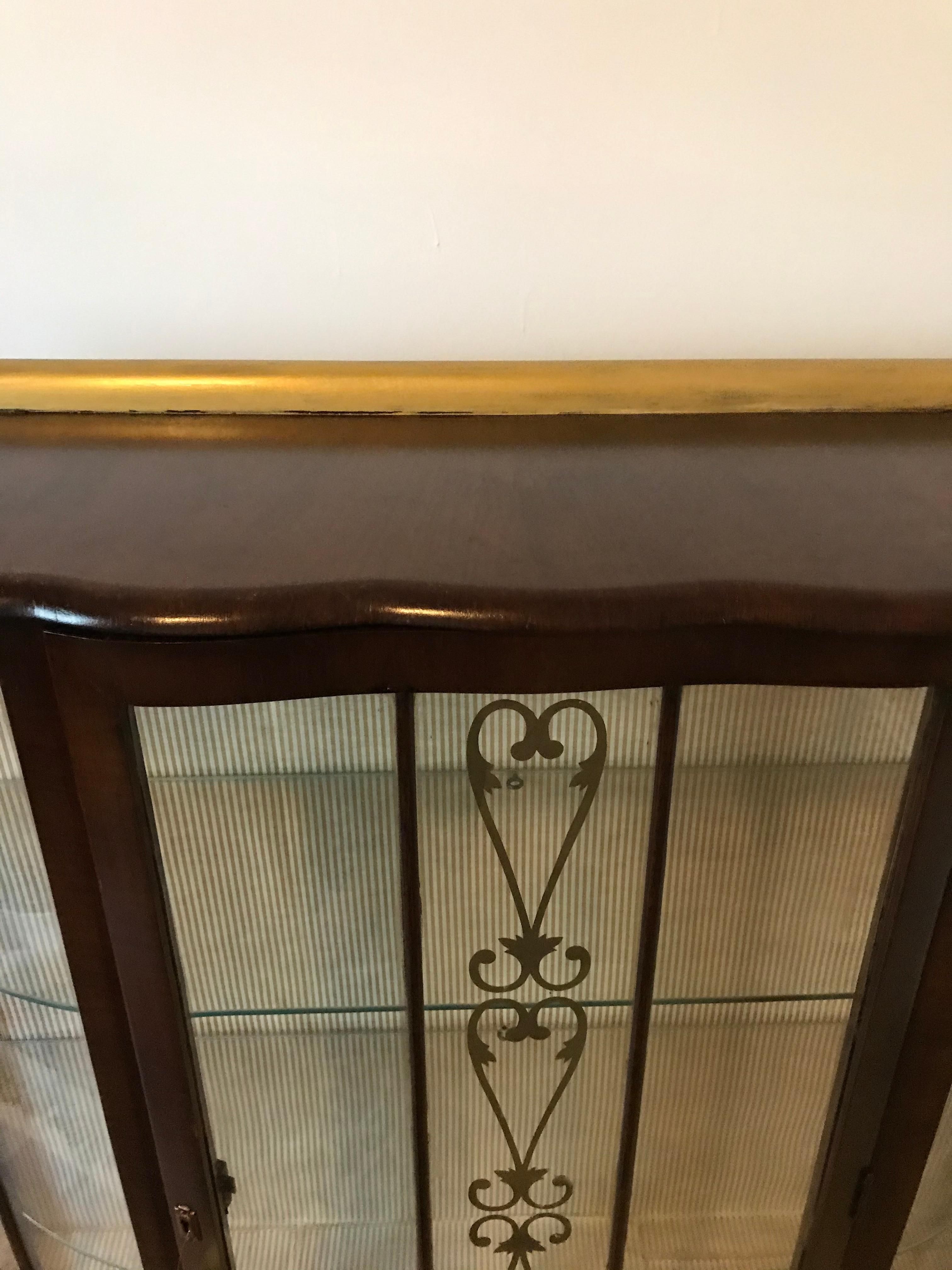 American Art Deco Walnut Vitrine with Gold Accents For Sale