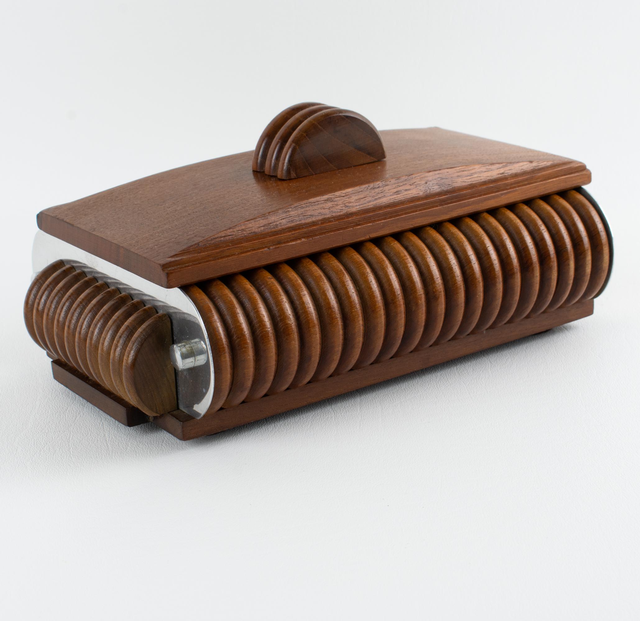 French Art Deco Walnut Wood and Aluminum Box, France circa 1930 For Sale