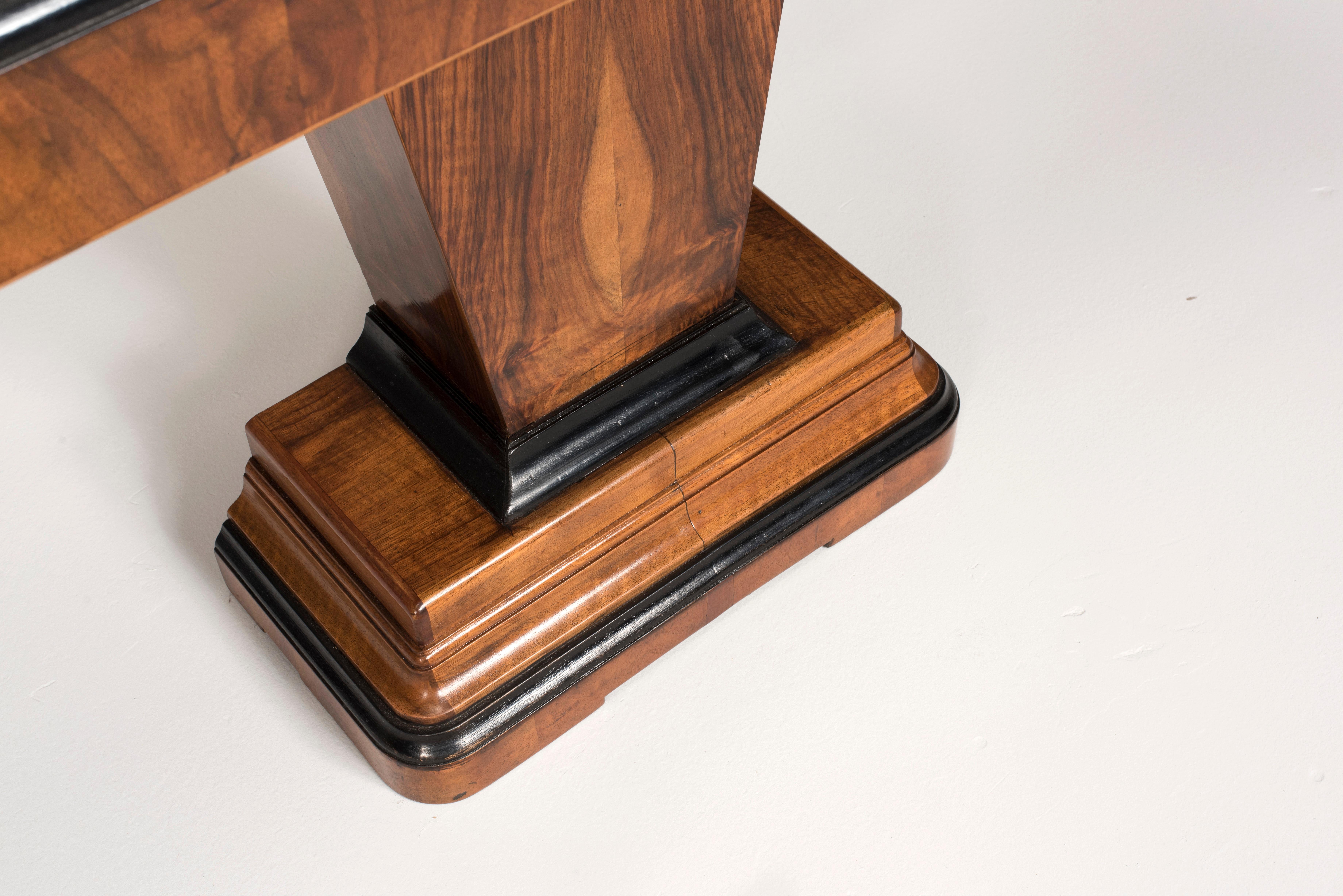 20th Century Art Deco Walnut Wood and Black Ebonized Lacquered Details Table Console