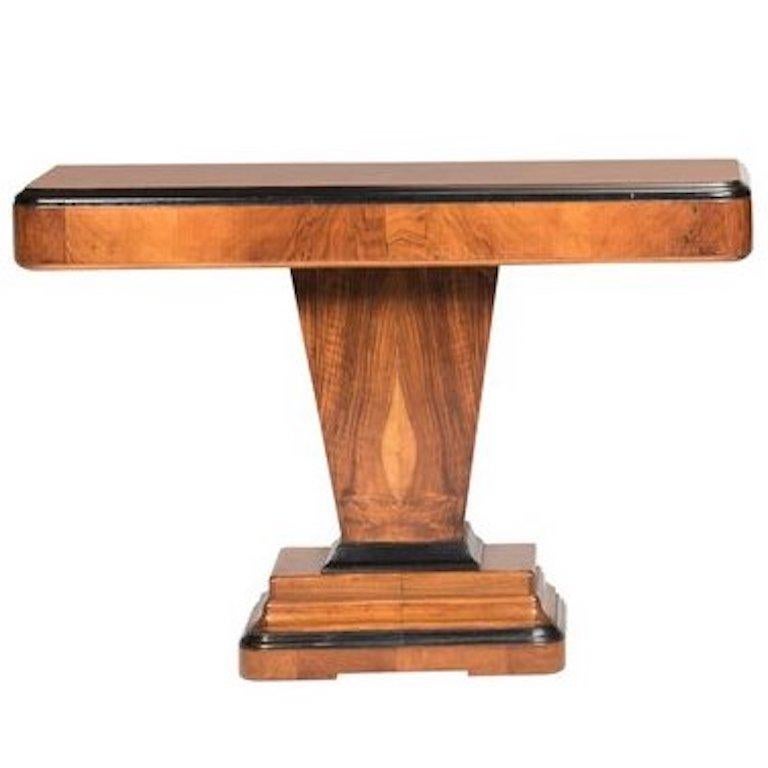 Art Deco Walnut Wood and Black Ebonized Lacquered Details Table Console