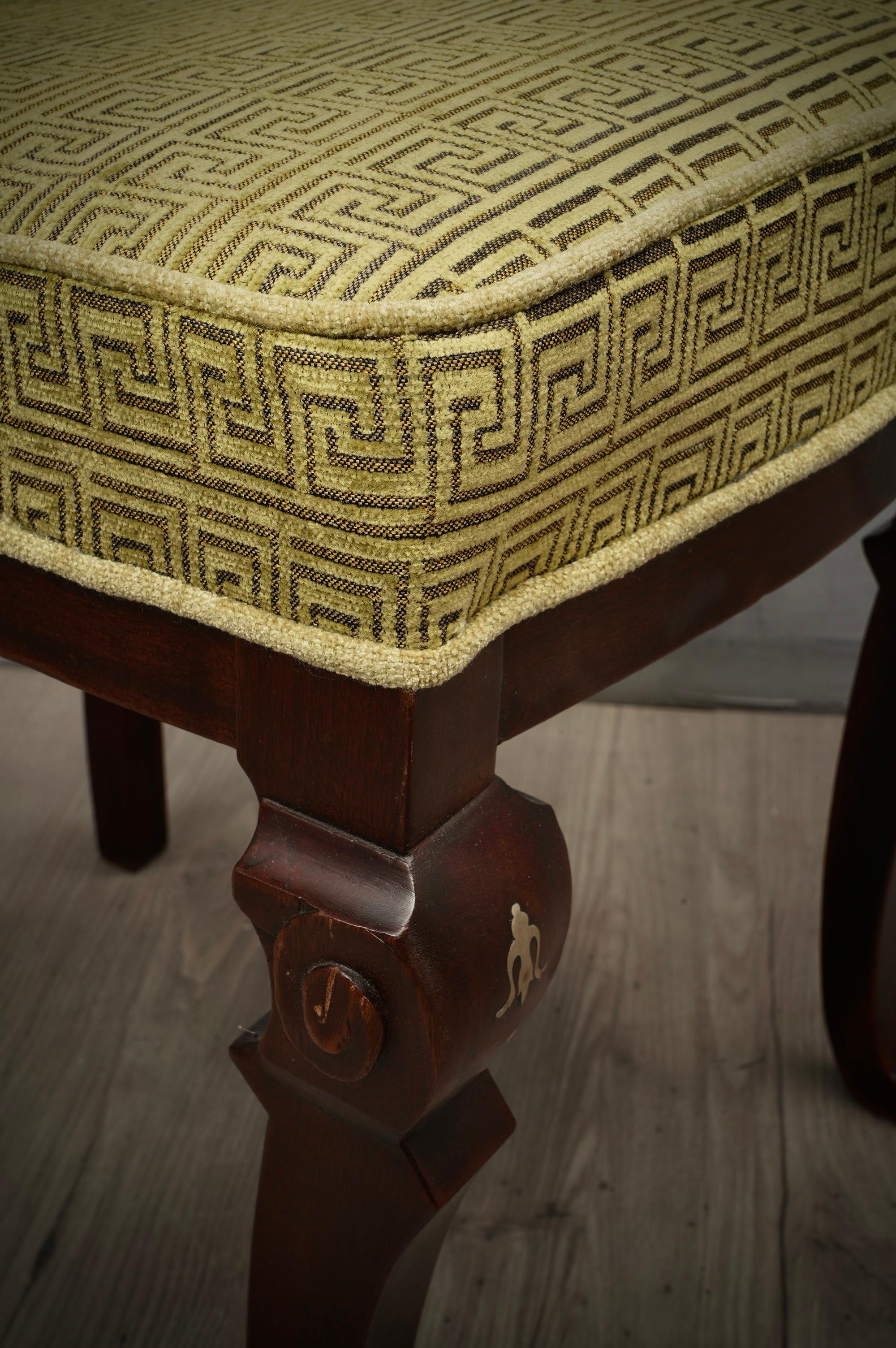 Italian Art Deco Walnut Wood and Geometric Green Velvet Dinning Room Chairs, 1920 For Sale