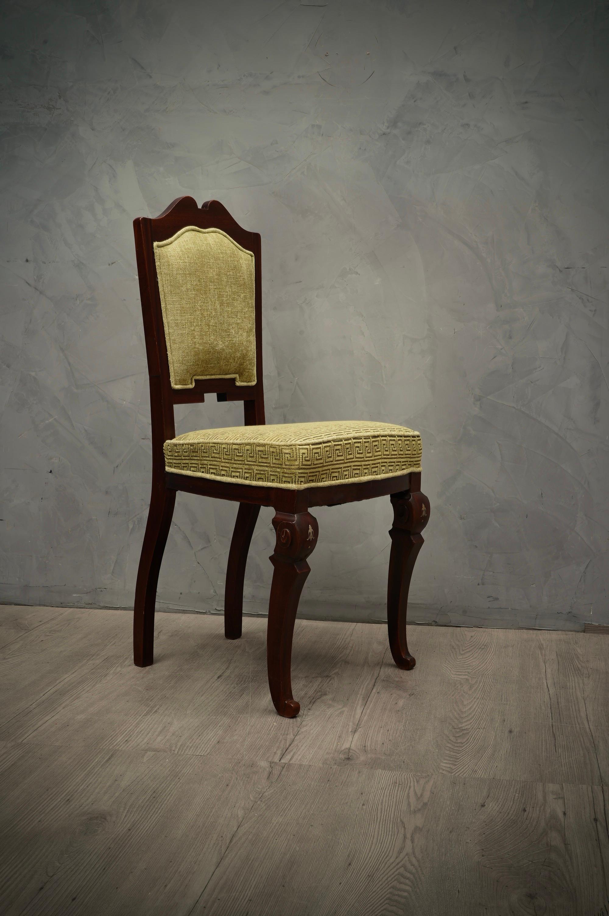 Art Deco Walnut Wood and Geometric Green Velvet Dinning Room Chairs, 1920 For Sale 1