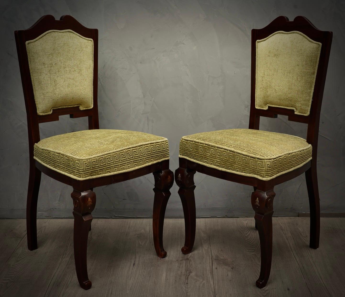 Art Deco Walnut Wood and Geometric Green Velvet Dinning Room Chairs, 1920 For Sale 2