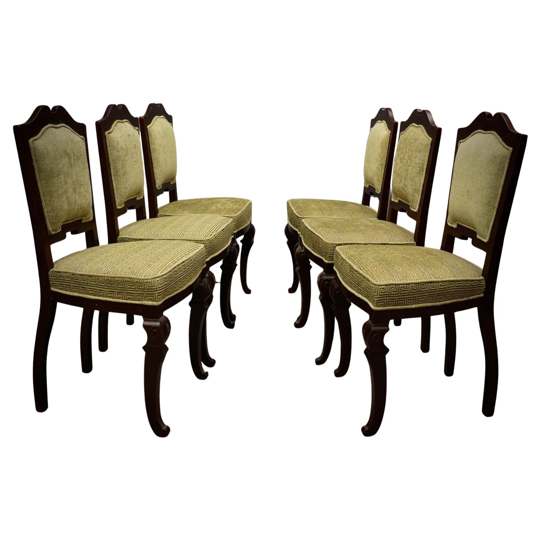Art Deco Walnut Wood and Geometric Green Velvet Dinning Room Chairs, 1920