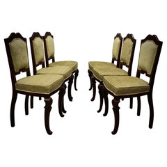 Art Deco Walnut Wood and Geometric Green Velvet Dinning Room Chairs, 1920