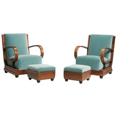 Art Deco Walnut Wood Armchairs and Ottomans in Light Green Velvet