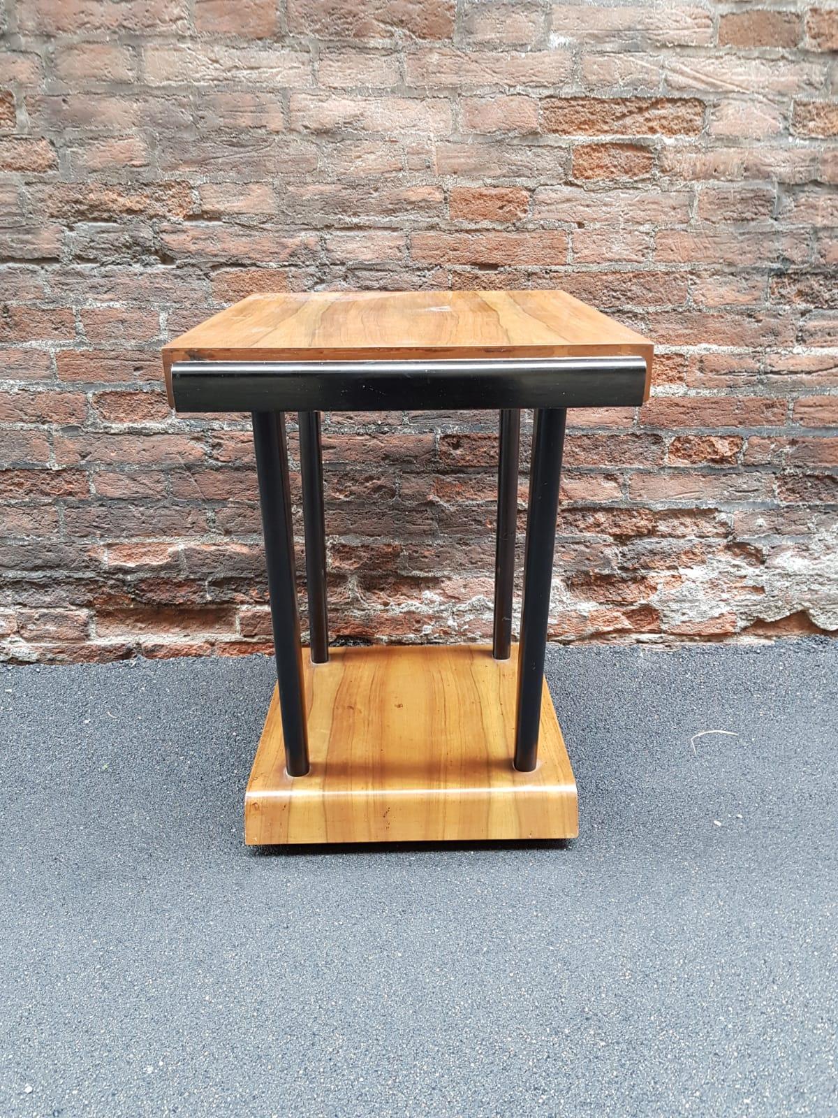 Art Deco Walnut Wood Black Ebonized Legs Squared Side or Coffee Table For Sale 8