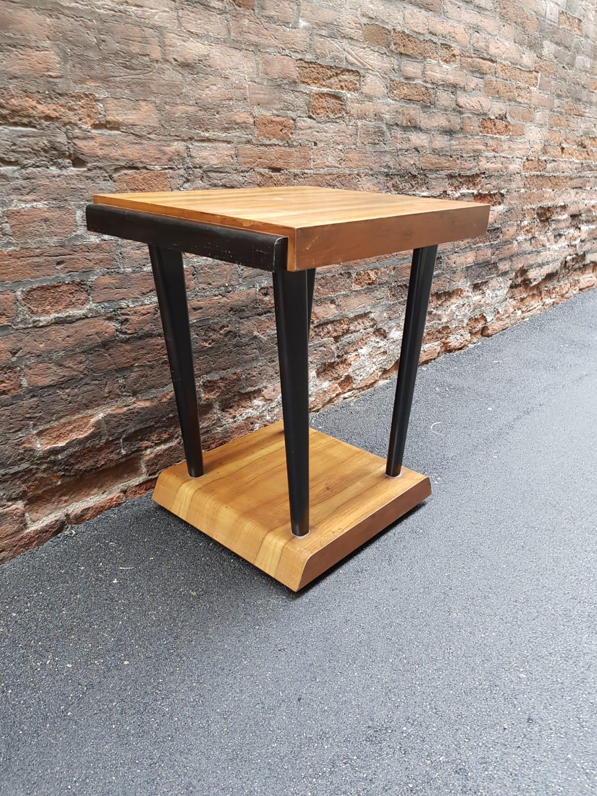 Art Deco walnut wood squared table black ebonized legs. Perfect both as nightstand, coffee or side table Size: W 66 cm, D 52 cm, H 72 cm. 25.98