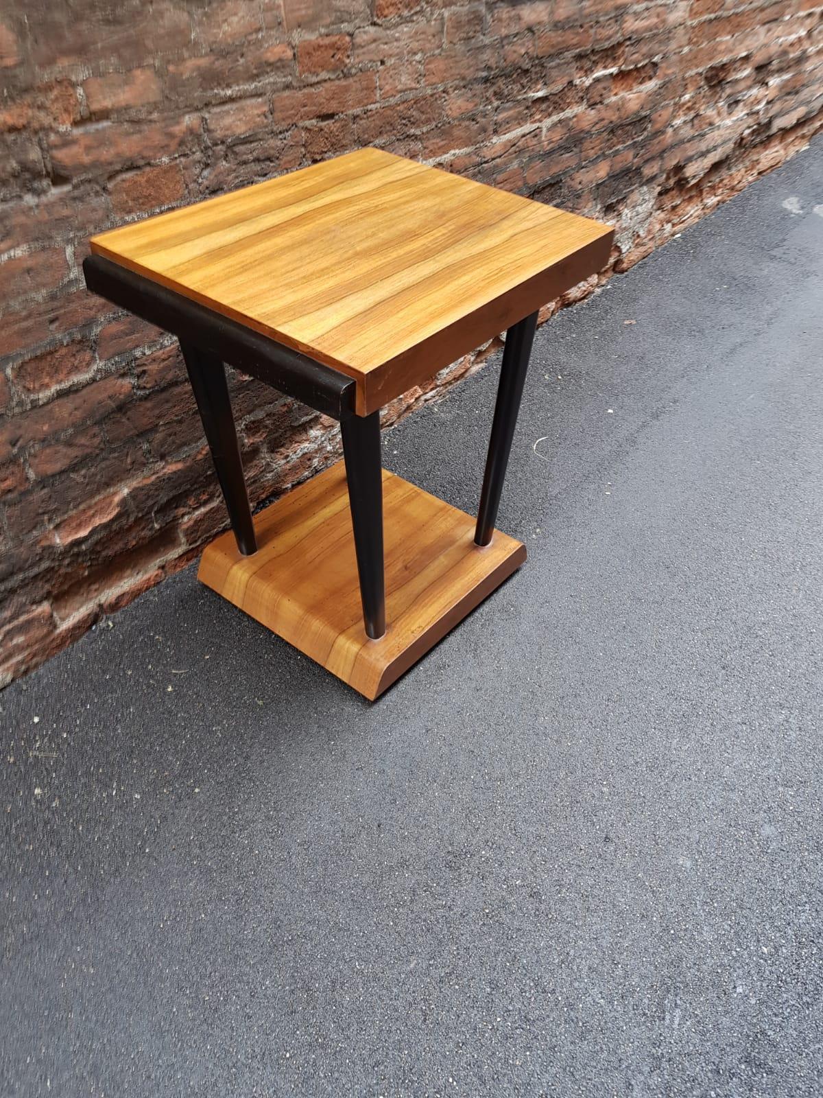20th Century Art Deco Walnut Wood Black Ebonized Legs Squared Side or Coffee Table