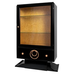 Art Deco Walnut Wood  Black Lacquer Cabine with Copper Details