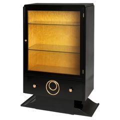 Art Deco Walnut Wood Black Lacquer Cabinet with Copper Details