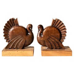 Art Deco Walnut Bookends, French 1930s Hand-Carved Bird Sculptures
