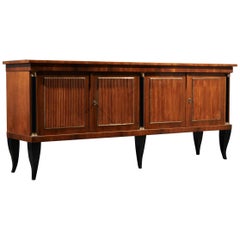 Antique Art Deco Walnut Wood Glass and Brass French Sideboard, 1920