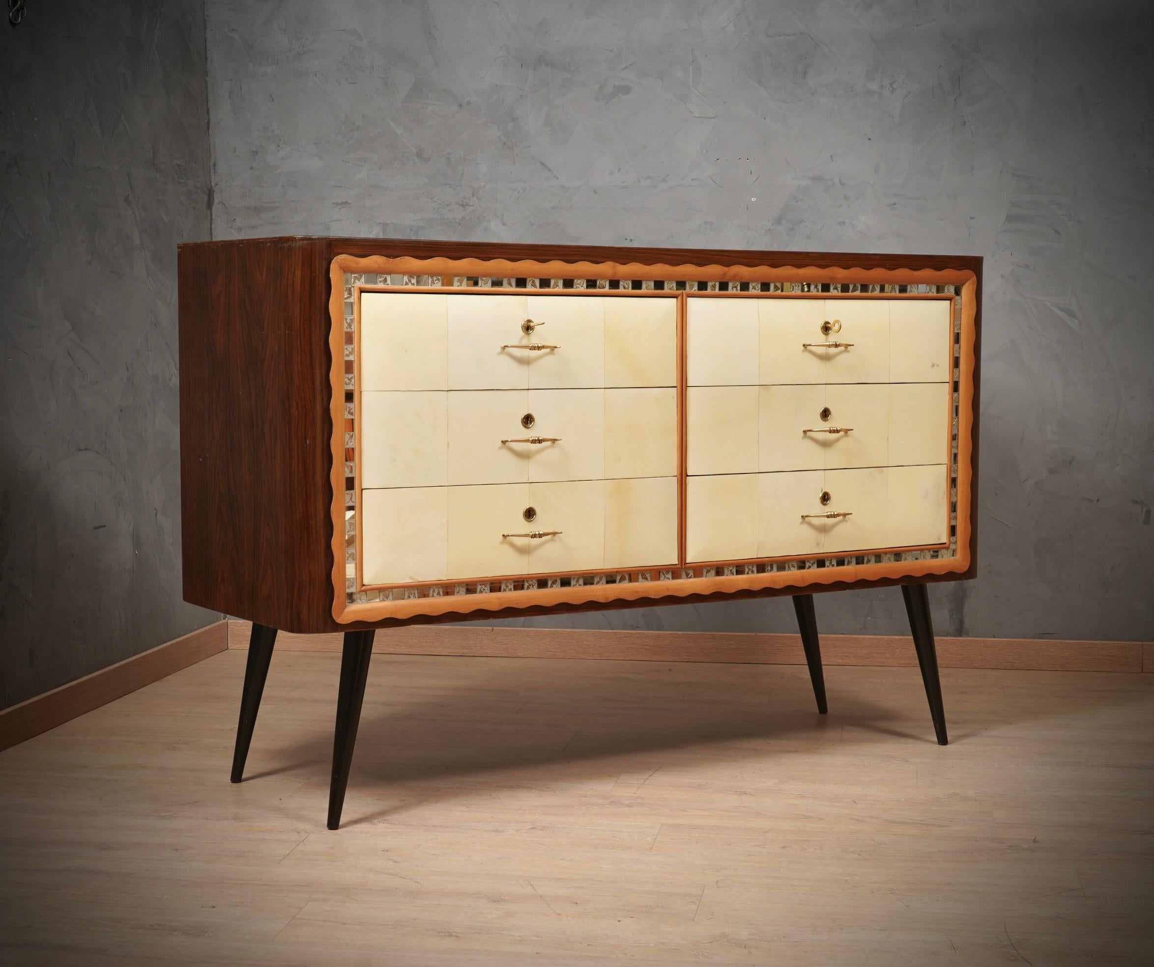 Mid-Century Modern Art Deco Walnut Wood Goat Skin and Brass Italian Commode Chest of Drawers, 1950 For Sale