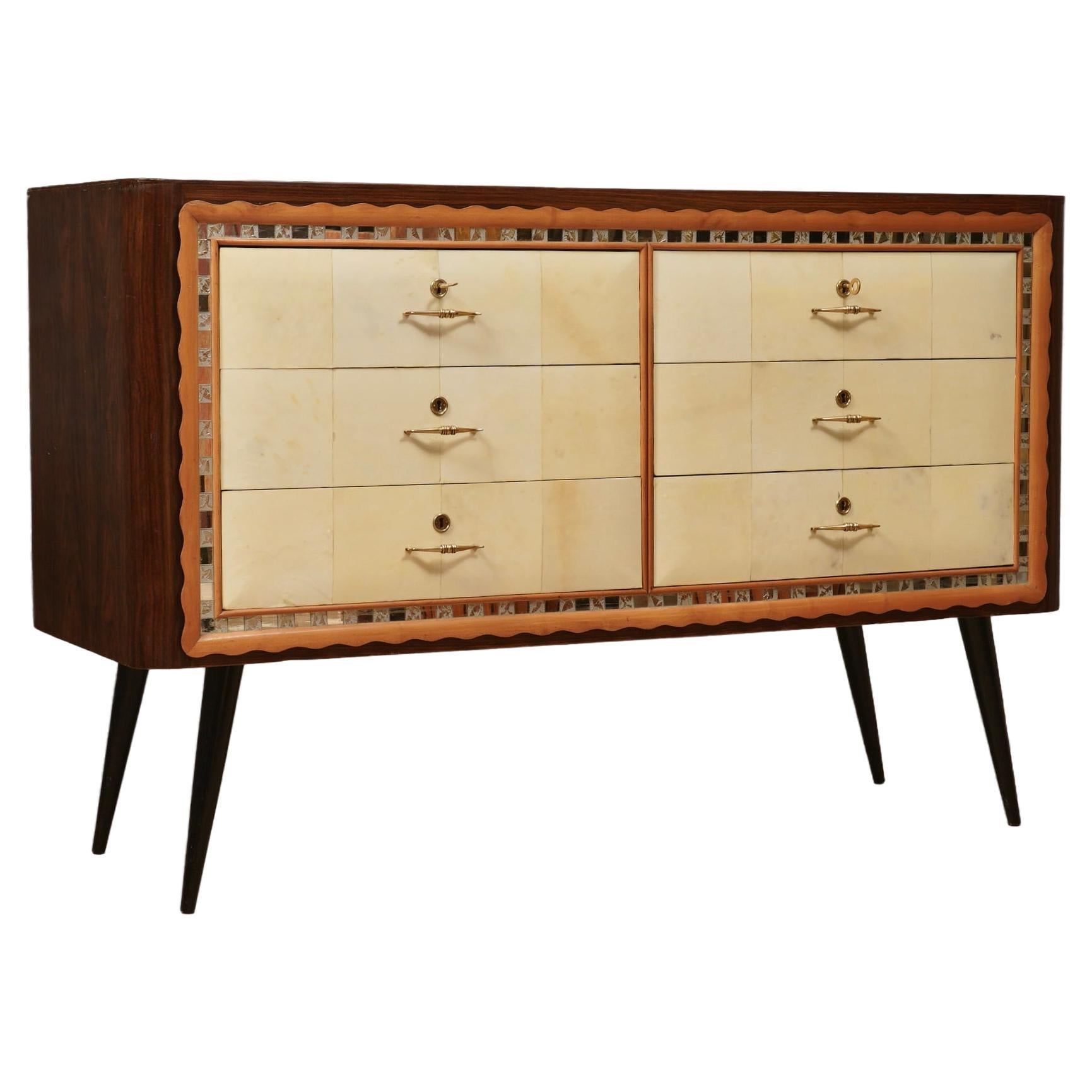Art Deco Walnut Wood Goat Skin and Brass Italian Commode Chest of Drawers, 1950 For Sale