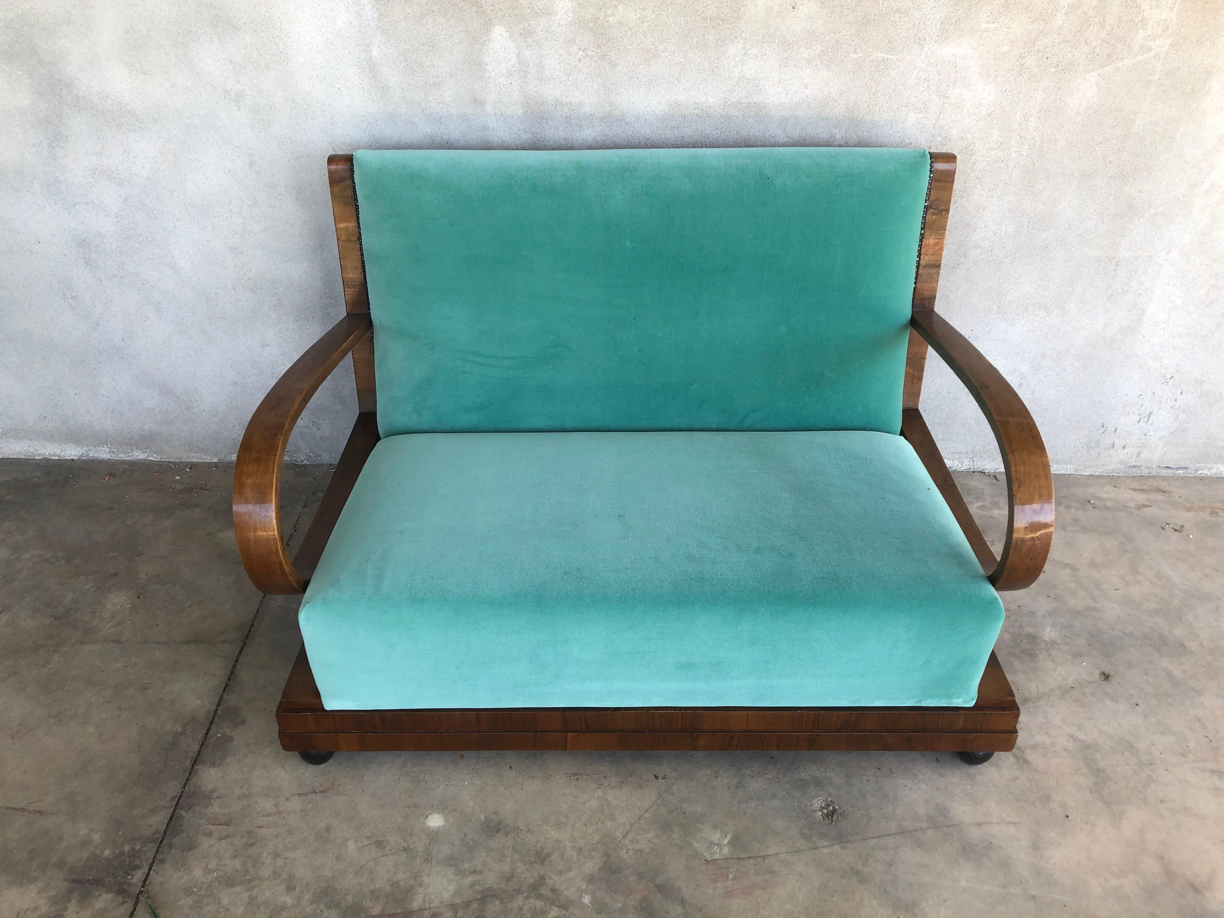 European Art Deco Walnut Wood Light Green Velvet Sofa For Sale