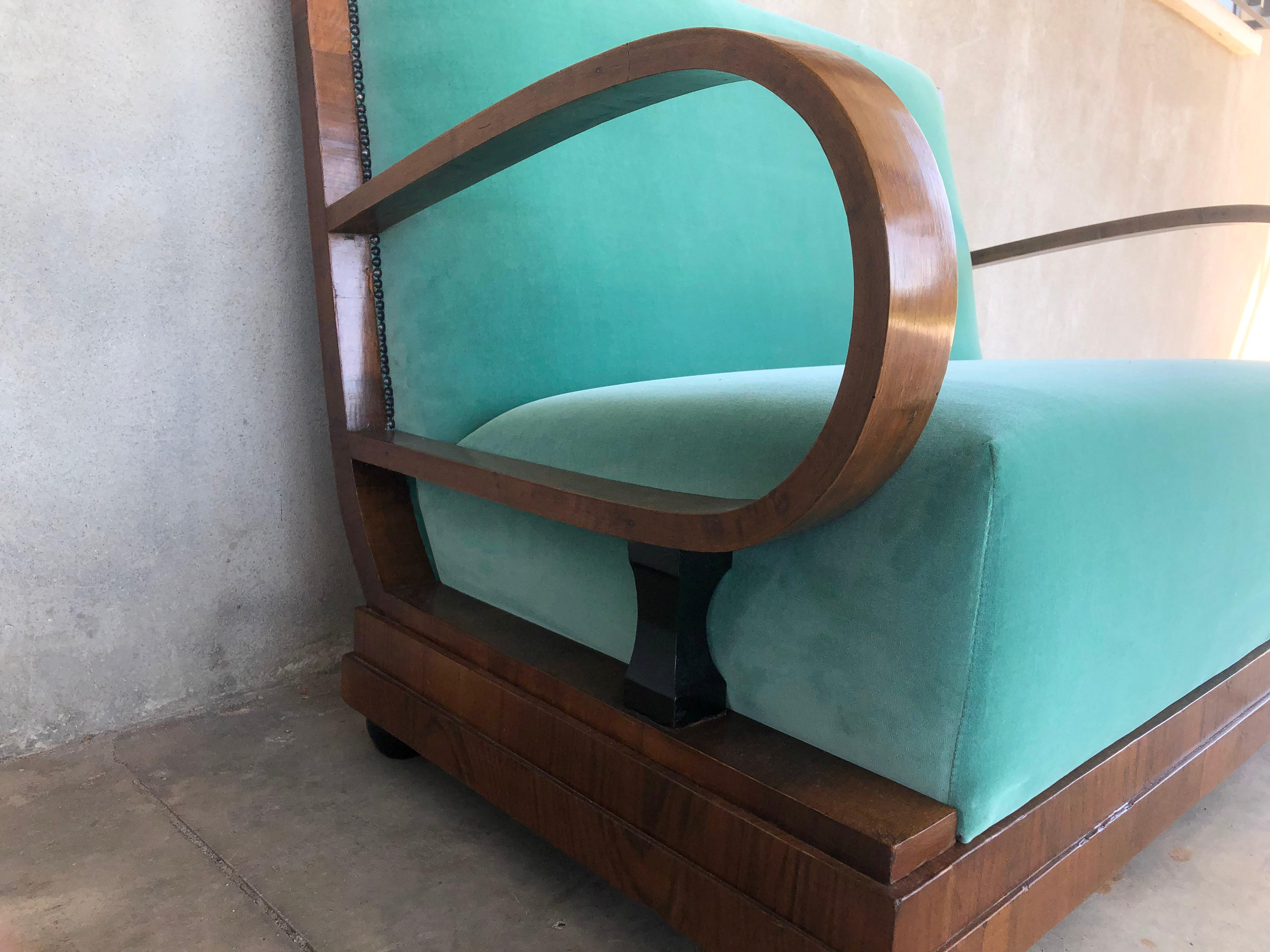 20th Century Art Deco Walnut Wood Light Green Velvet Sofa For Sale