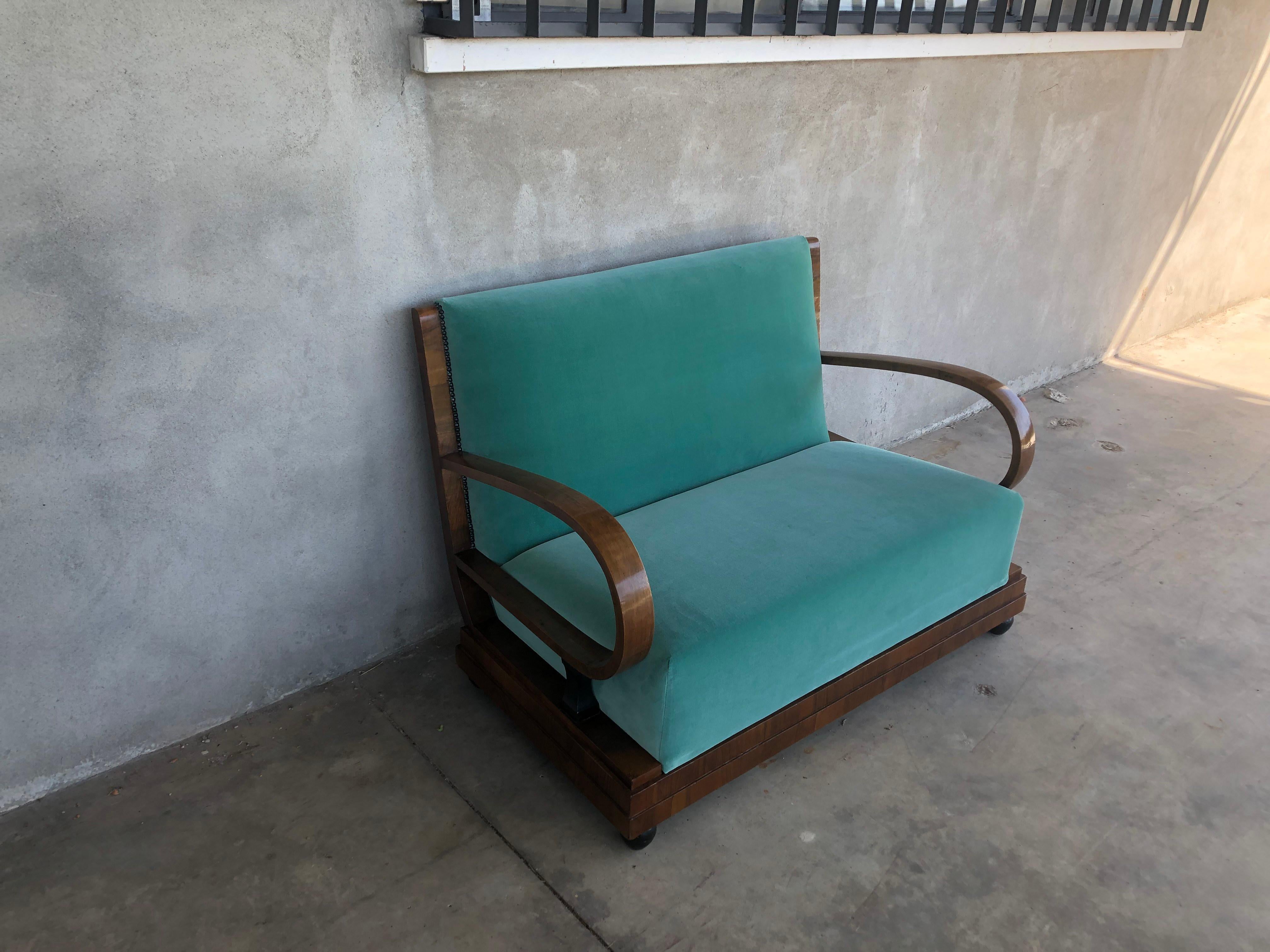 Art Deco Walnut Wood Light Green Velvet Sofa For Sale 4