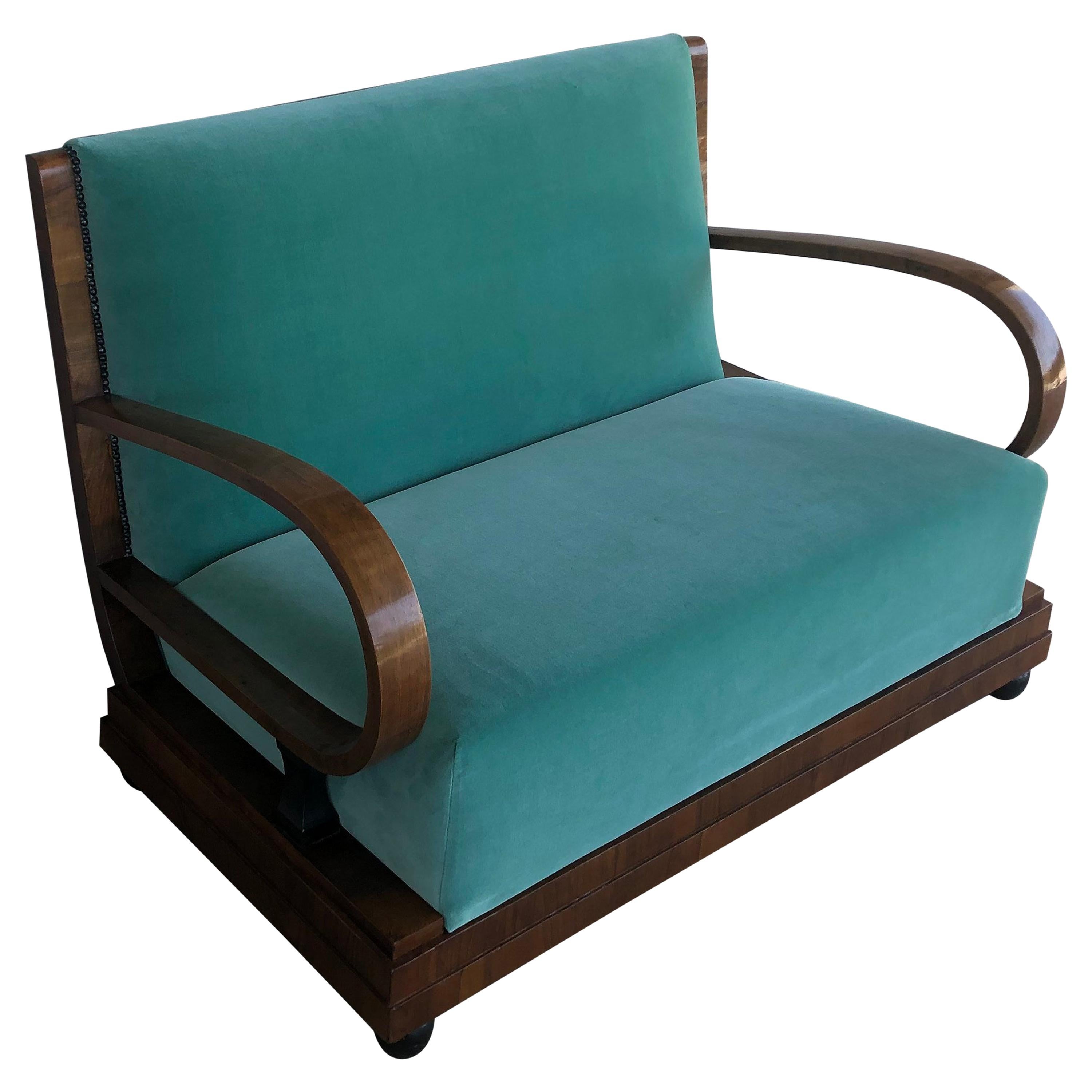 Art Deco Walnut Wood Light Green Velvet Sofa For Sale