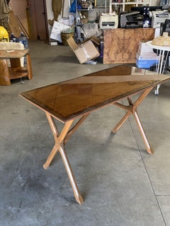 Art Deco Walnut "X" Base Console Table W/ Inlay Top
