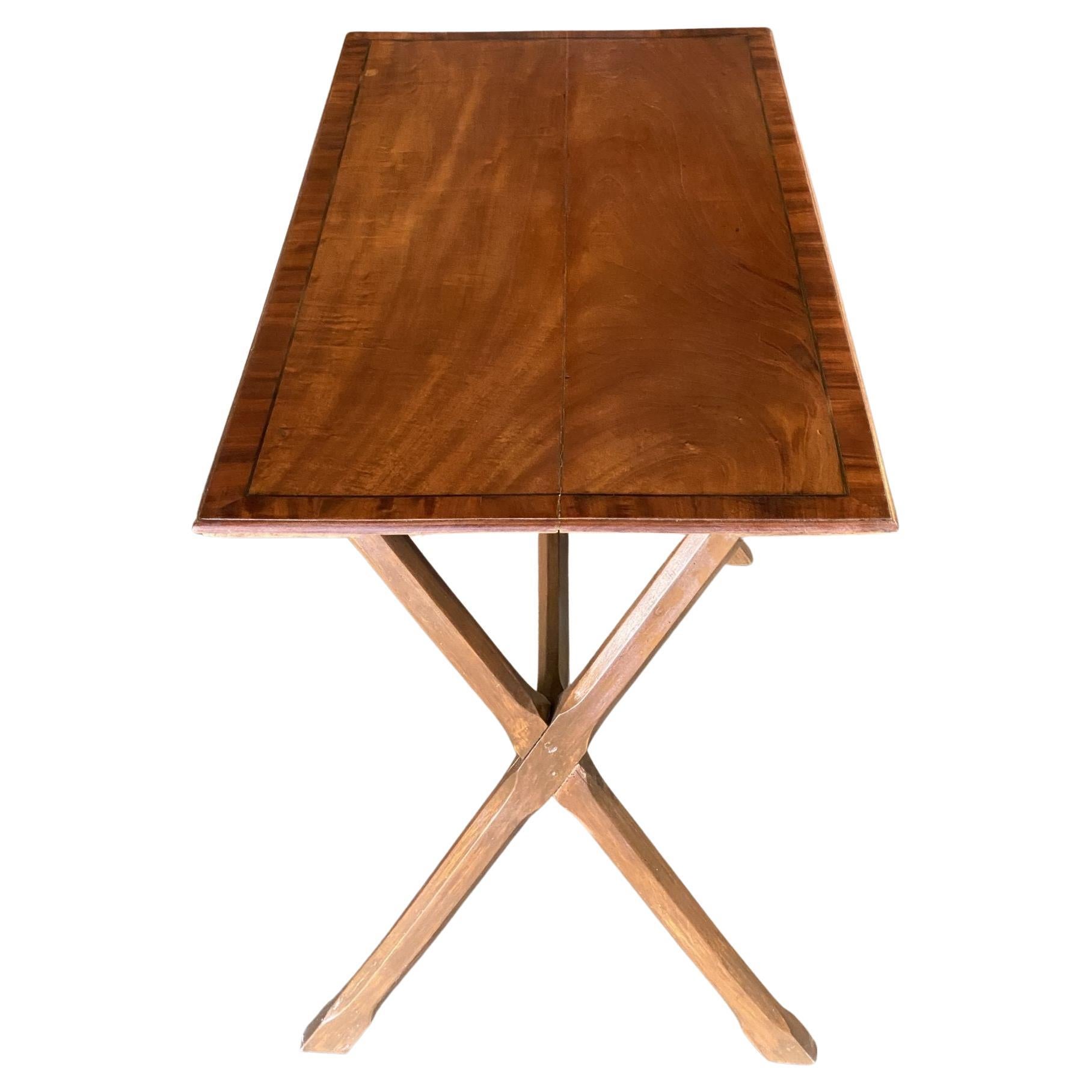 Art Deco Walnut "X" Base Console Table W/ Inlay Top For Sale