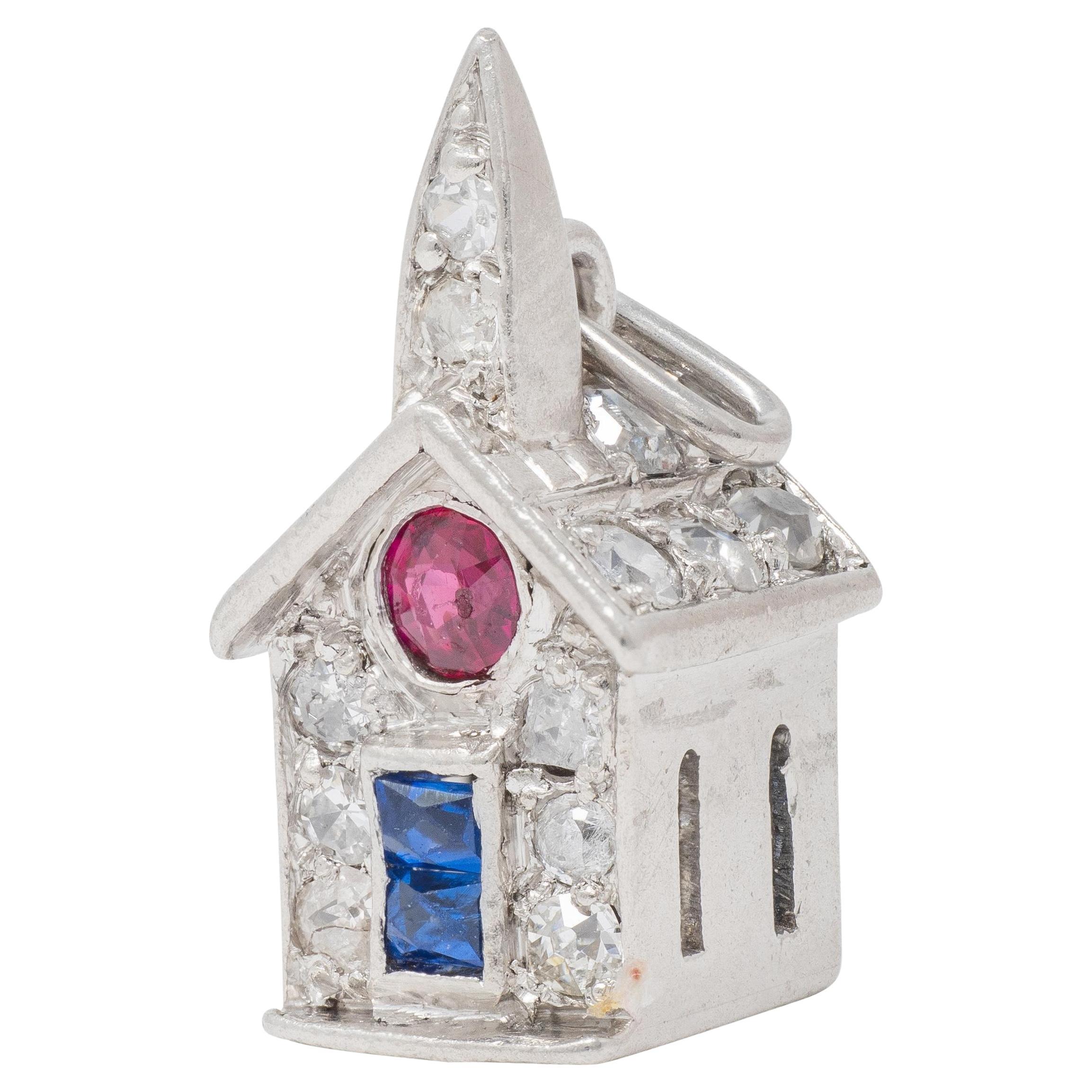 Art Deco Walter Lampl Ruby Sapphire Diamond Platinum Vintage Church House House Charm en vente