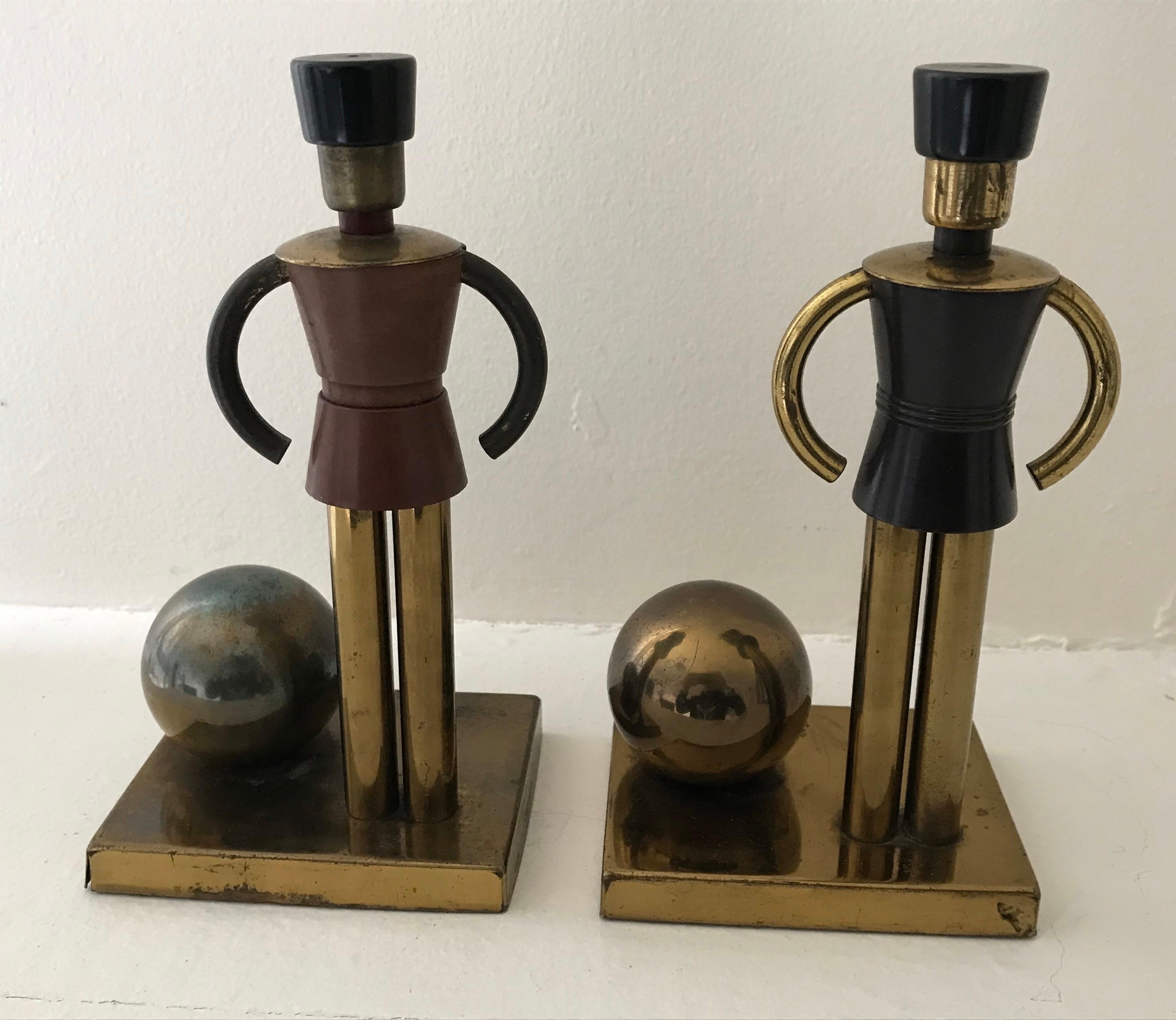 Art Deco Walter Von Nessen Bookends for Chase, Toy Soldiers in Brass & Bakelite In Good Condition For Sale In Bedford Hills, NY