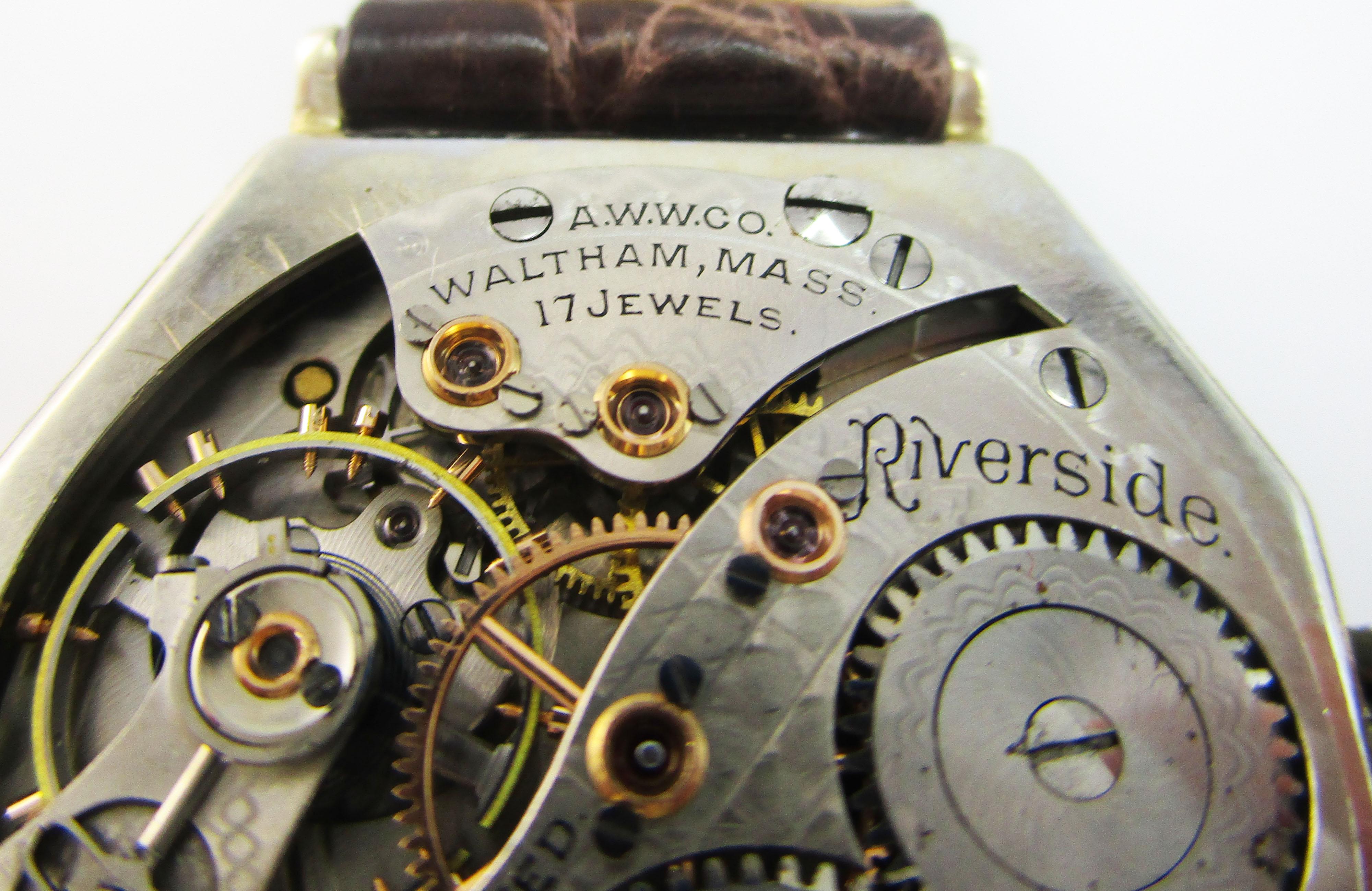 Art Deco Waltham 14 Karat Gold 17 Jewel Riverside Watch with Crocodile Strap 1