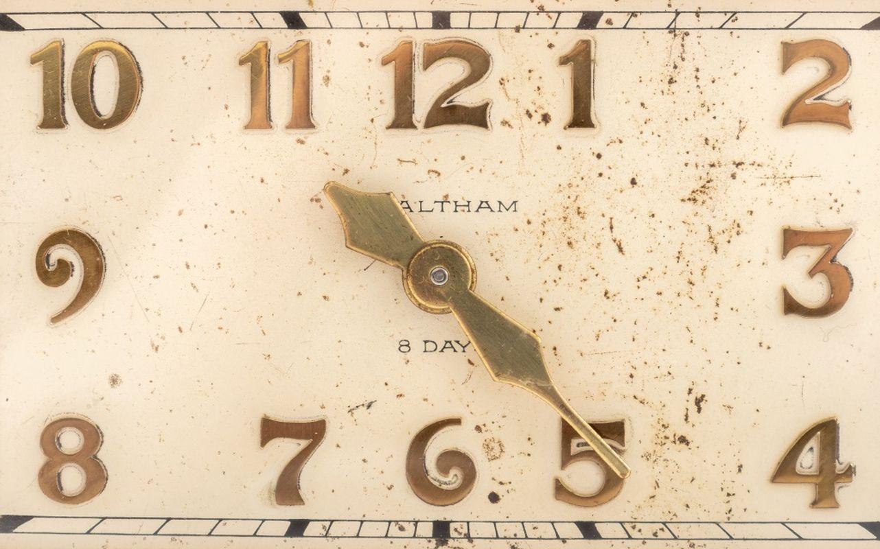 Art Deco Waltham 8 Day Brass Mantel Clock, with white painted clock face and brass numbers, marked 