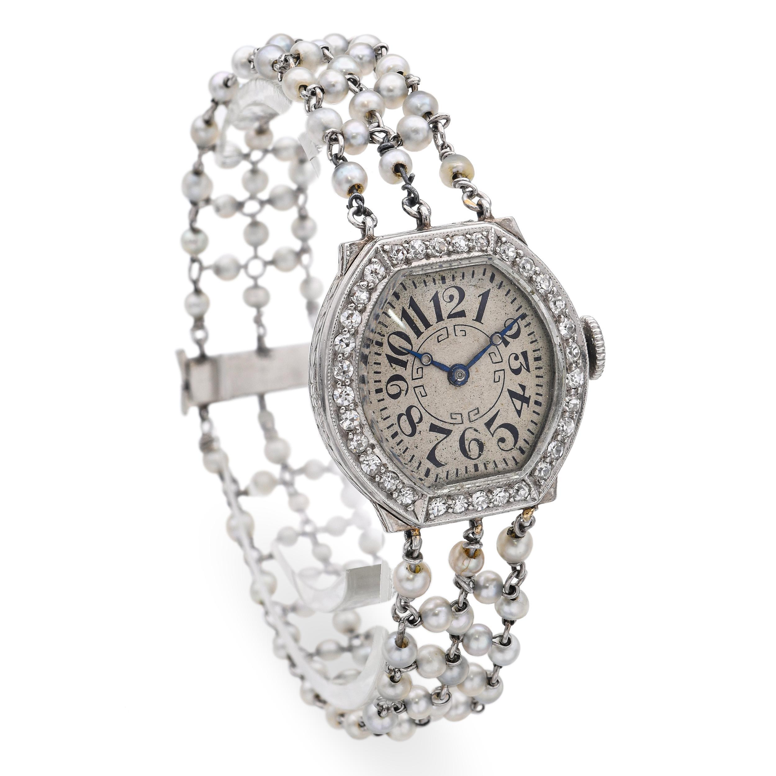 Bead Art Deco Waltham Platinum and Natural Pearl Women's Watch Ref 3638. For Sale