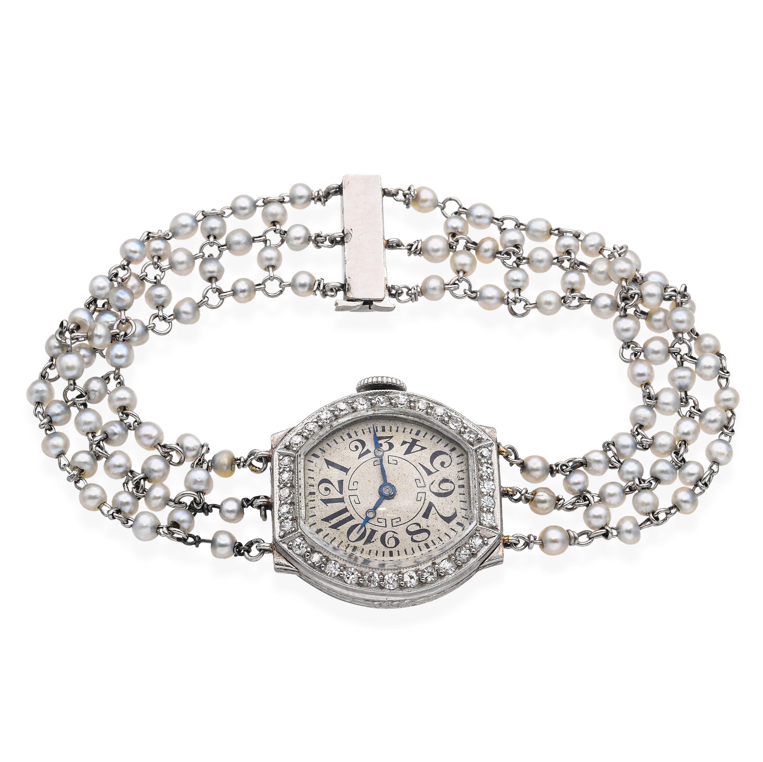 Art Deco Waltham Platinum and Natural Pearl Women's Watch Ref 3638. In Good Condition For Sale In New York, NY