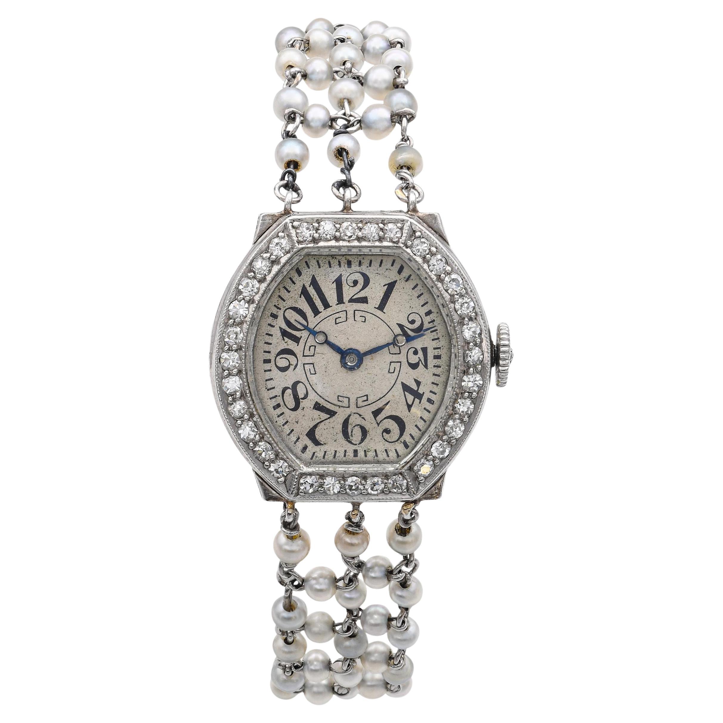 Art Deco Waltham Platinum and Natural Pearl Women's Watch Ref 3638. For Sale