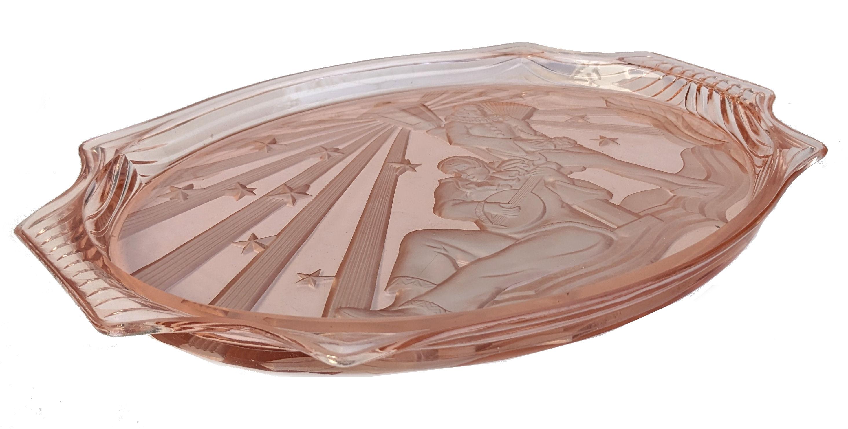 A wonderful large and heavy art deco frosted peach glass tray depicting a Pierrot & Pierrette for a dressing table / trinket set. Made by German company Auguste Walther & Söhne in the 1930's and is featured in their 1934 product catalogue.
Perfect