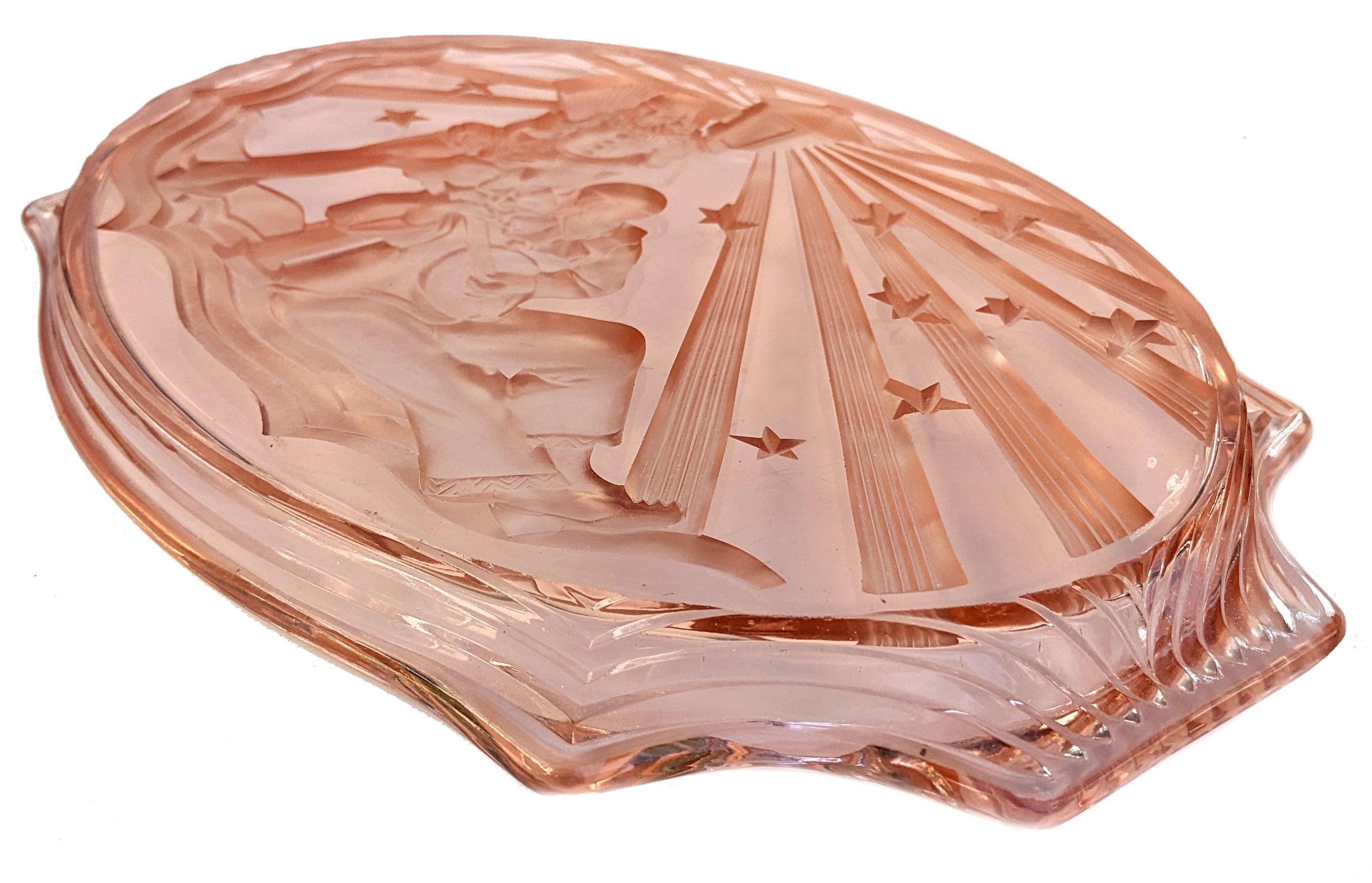 Etched Art Deco Walther & Sohne Pierrot & Pierrette Peach Glass Tray, c1930 For Sale