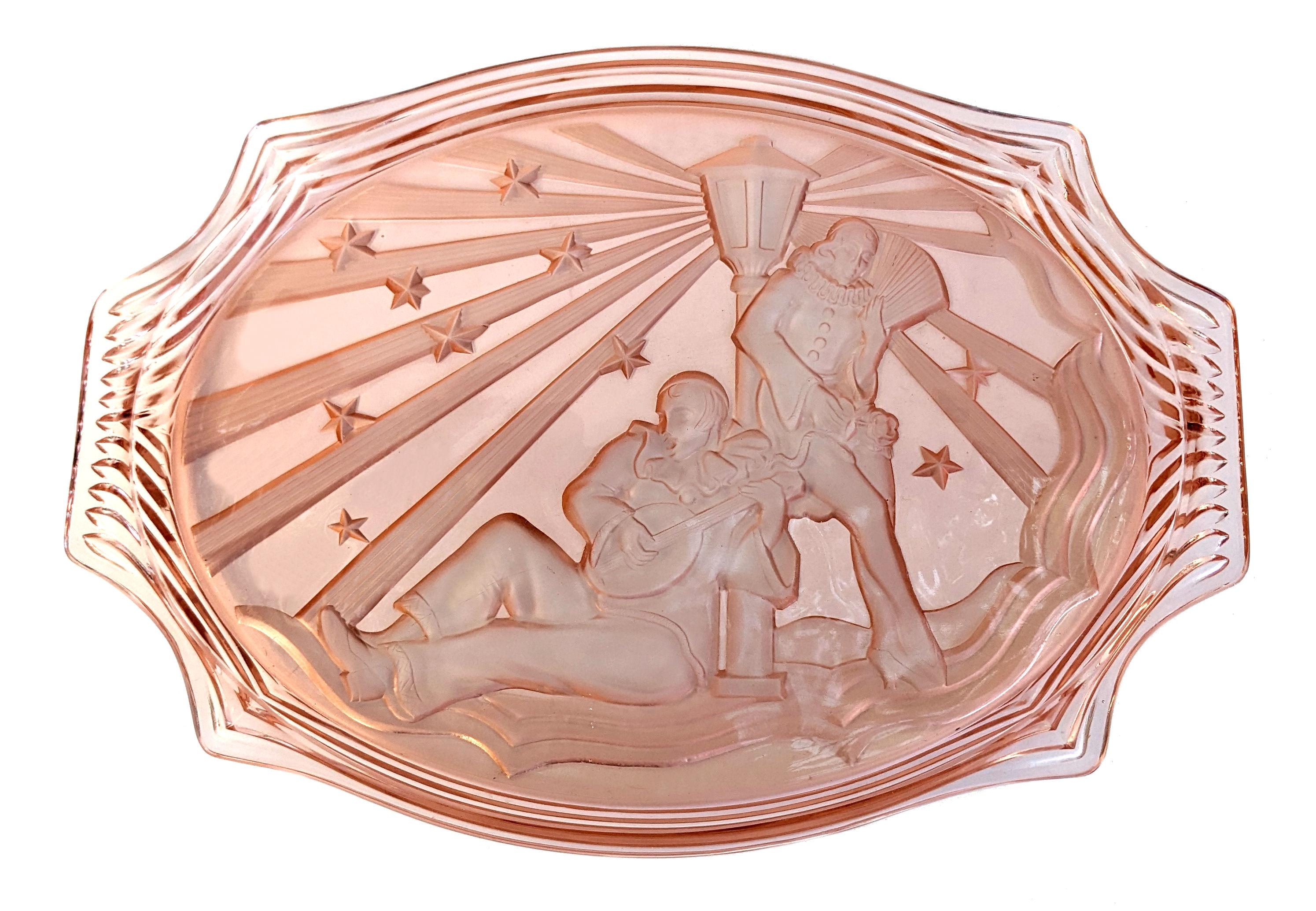 Art Deco Walther & Sohne Pierrot & Pierrette Peach Glass Tray, c1930 For Sale 1