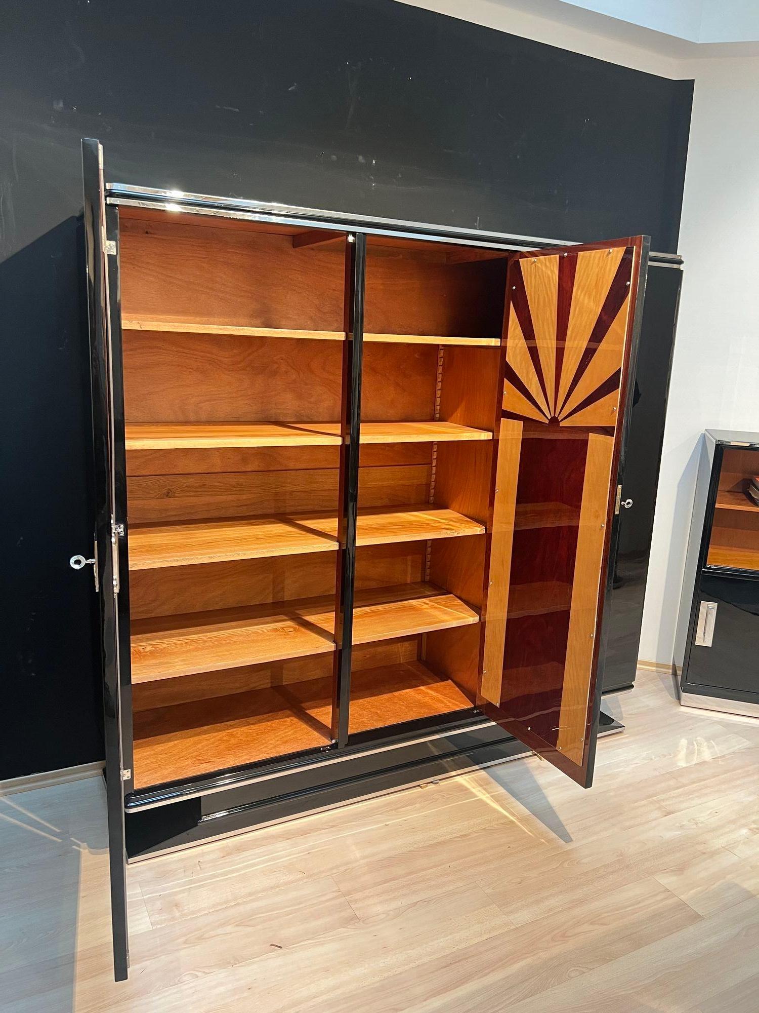 French Art Deco Armoire, Black Lacquer, Mahogany, Mirror, Chrome, France circa 1930 For Sale