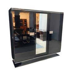 Art Deco Armoire, Black Lacquer, Mahogany, Mirror, Chrome, France circa 1930