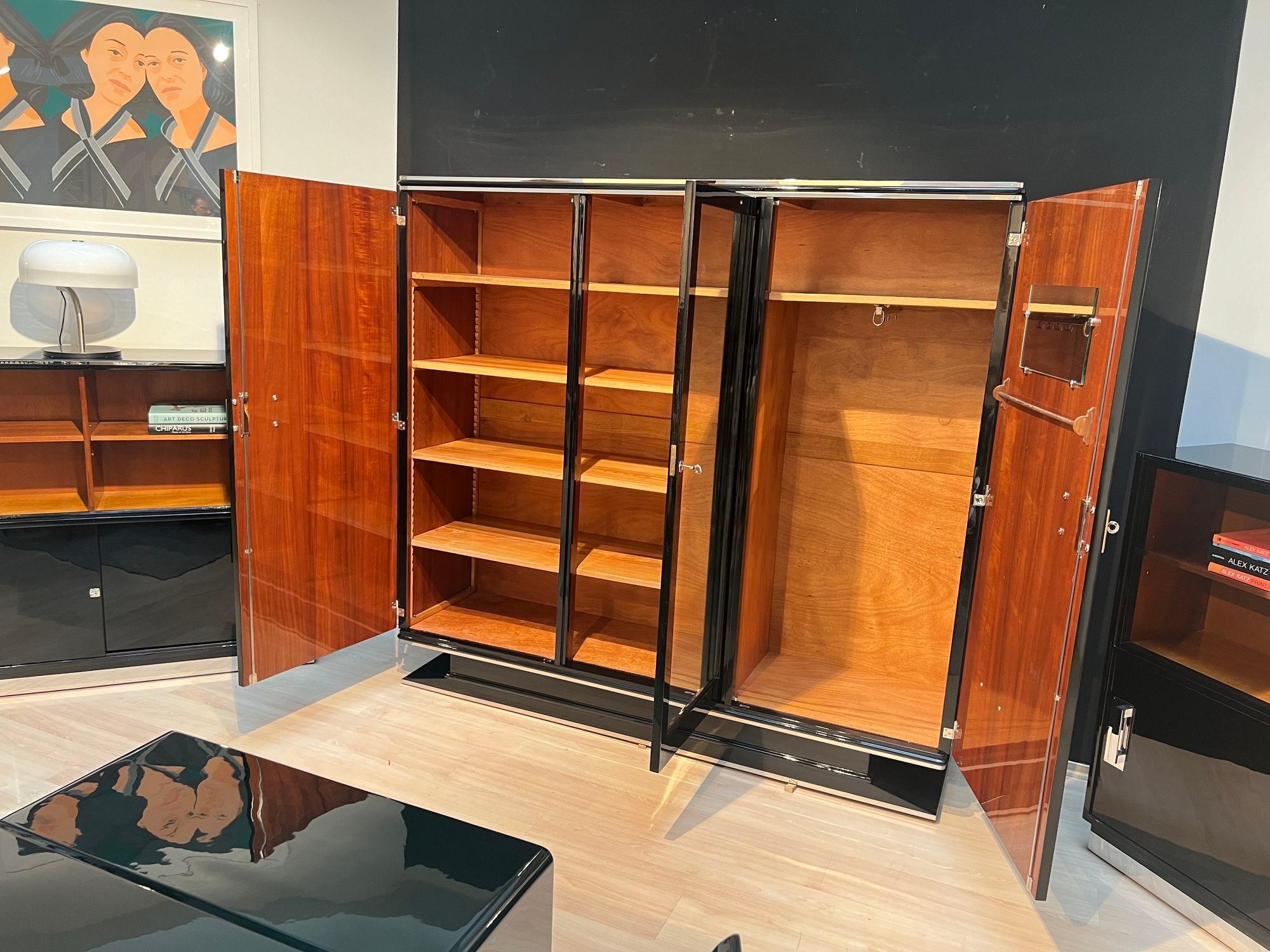 Galvanized Art Deco Armoire, Black Lacquer, Mahogany, Mirror, Chrome, France circa 1930 For Sale