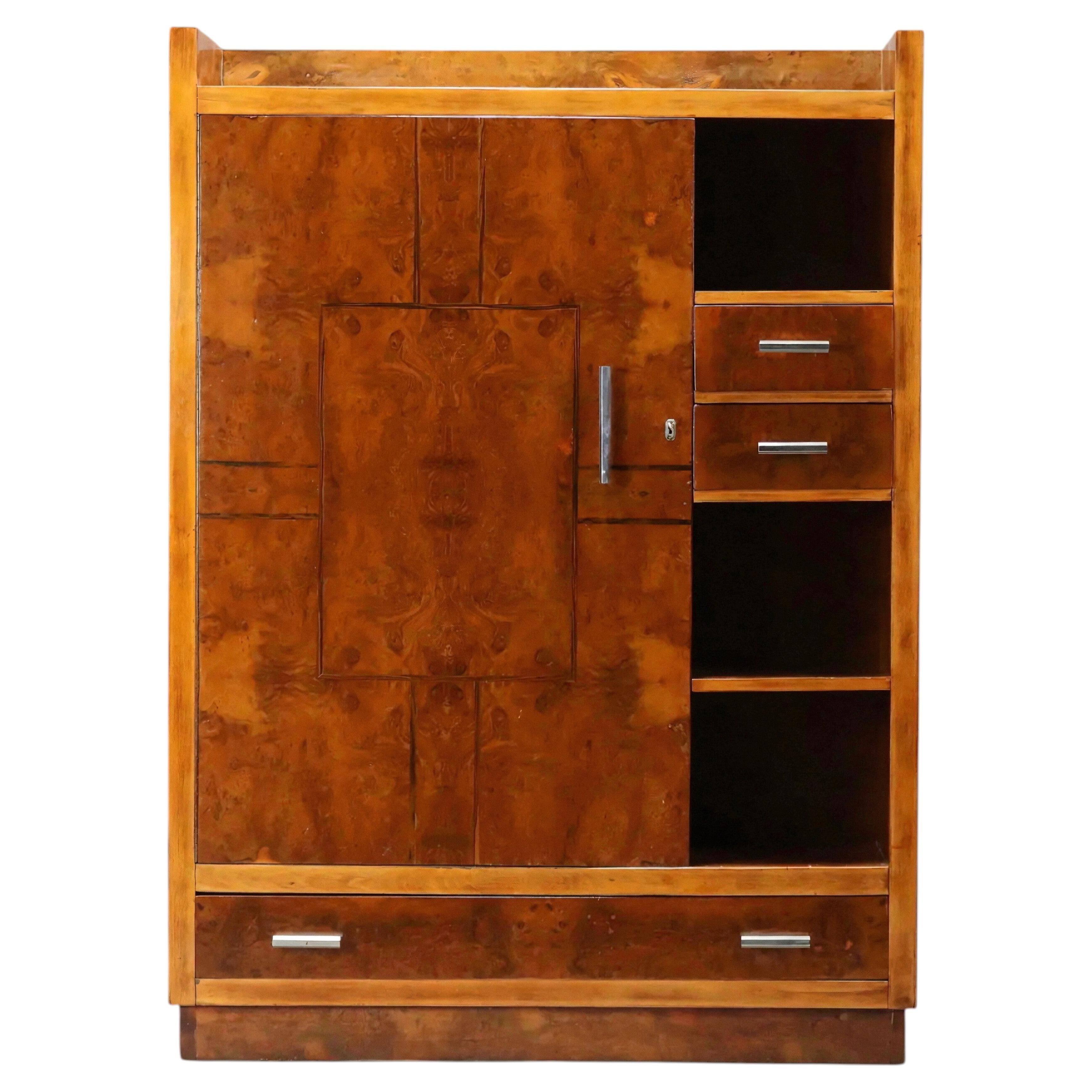 Art Deco Wardrobe Armoire, Burl Walnut and Chrome, Europe, 1930s
