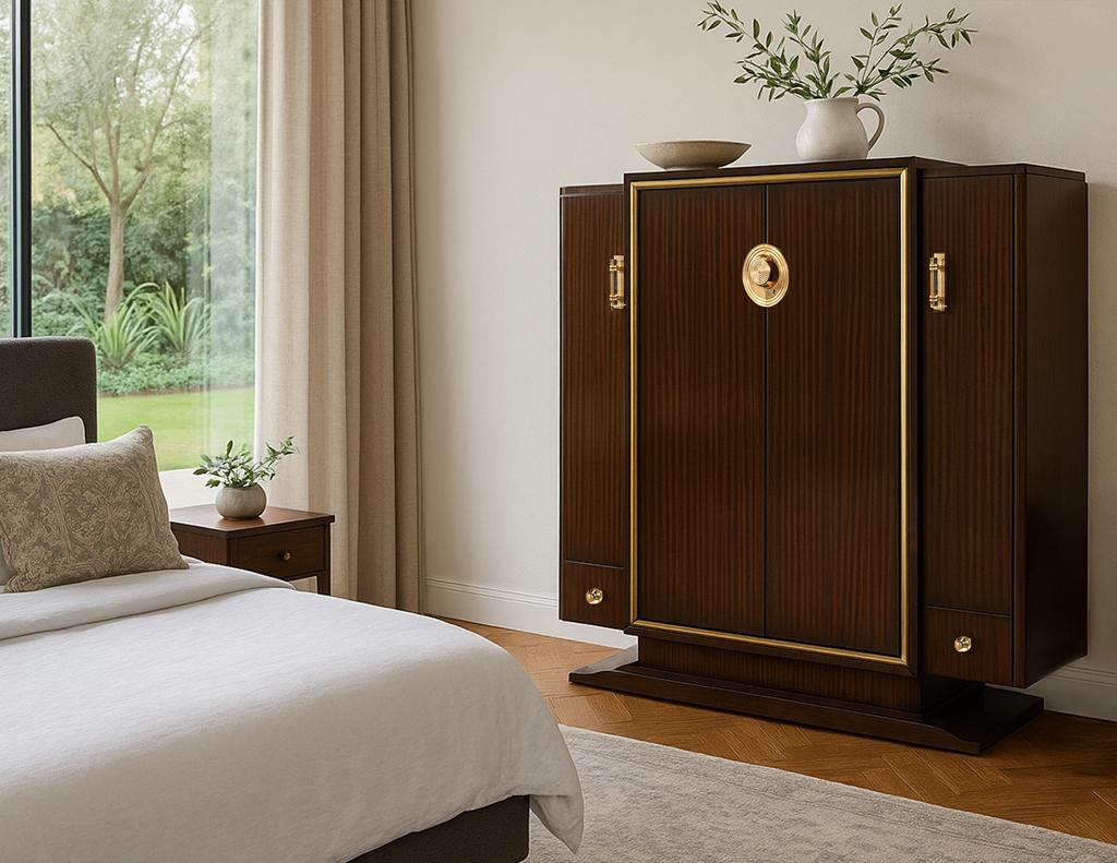 Questo splendido armadio Art Deco, realizzato in Francia intorno agli anni '40, è realizzato in ricco legno di Macassar e rifinito con una lucentezza che ne mette in risalto le lussuose venature. Le finiture e la ferramenta in ottone accentuano la