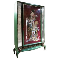 Art Deco Wardrobe Armoire Shanghai Painted Cabinet Rare Mirrored, 1930s