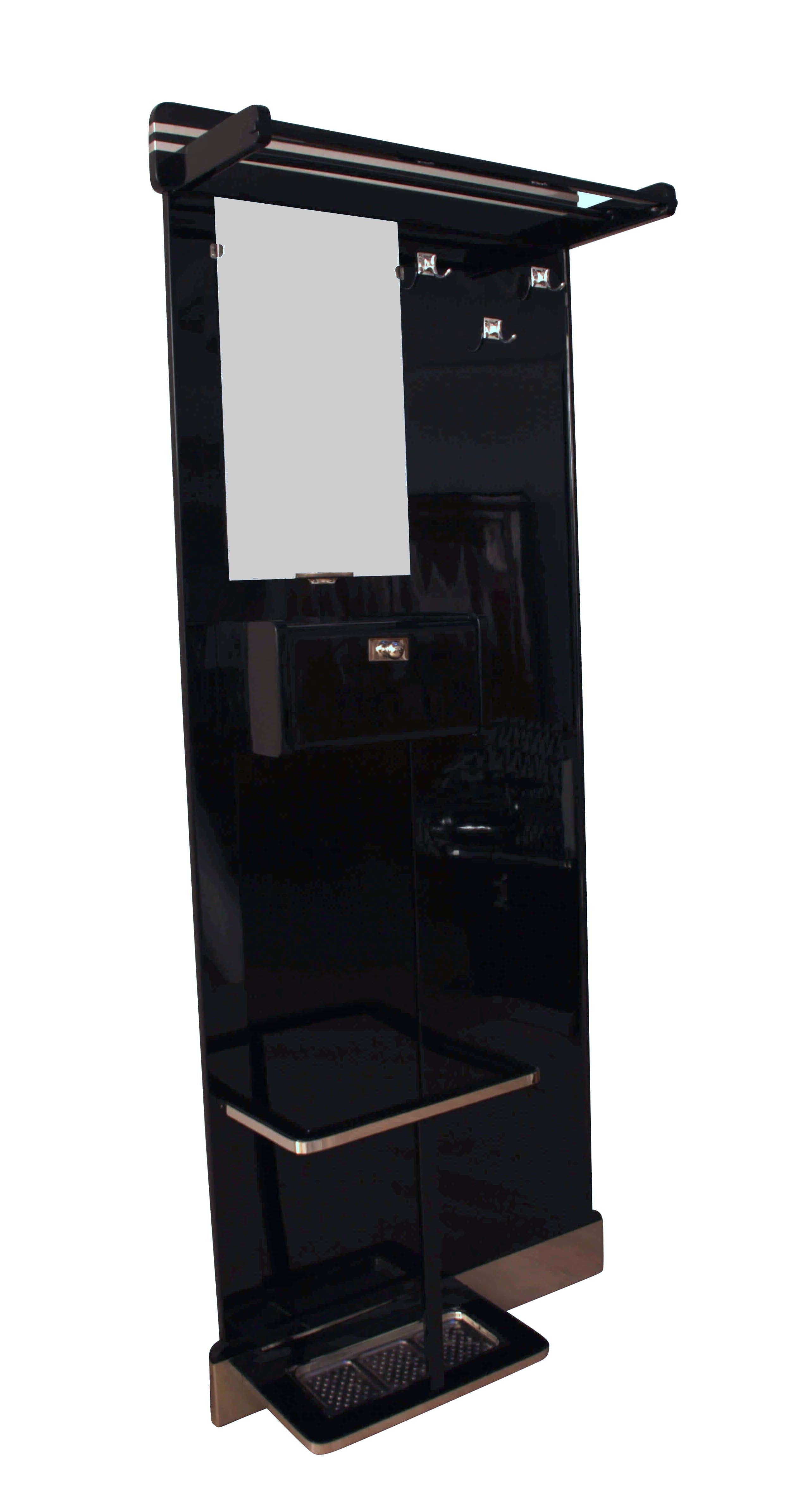 Elegant, small Art Deco wardrobe, France, circa 1930.

New lacquered and polished oak solid wood.
Chromed original metal fittings.
Down-foldable drawer door with compartment.
Umbrella stand at the bottom.
Mirror glass is new.