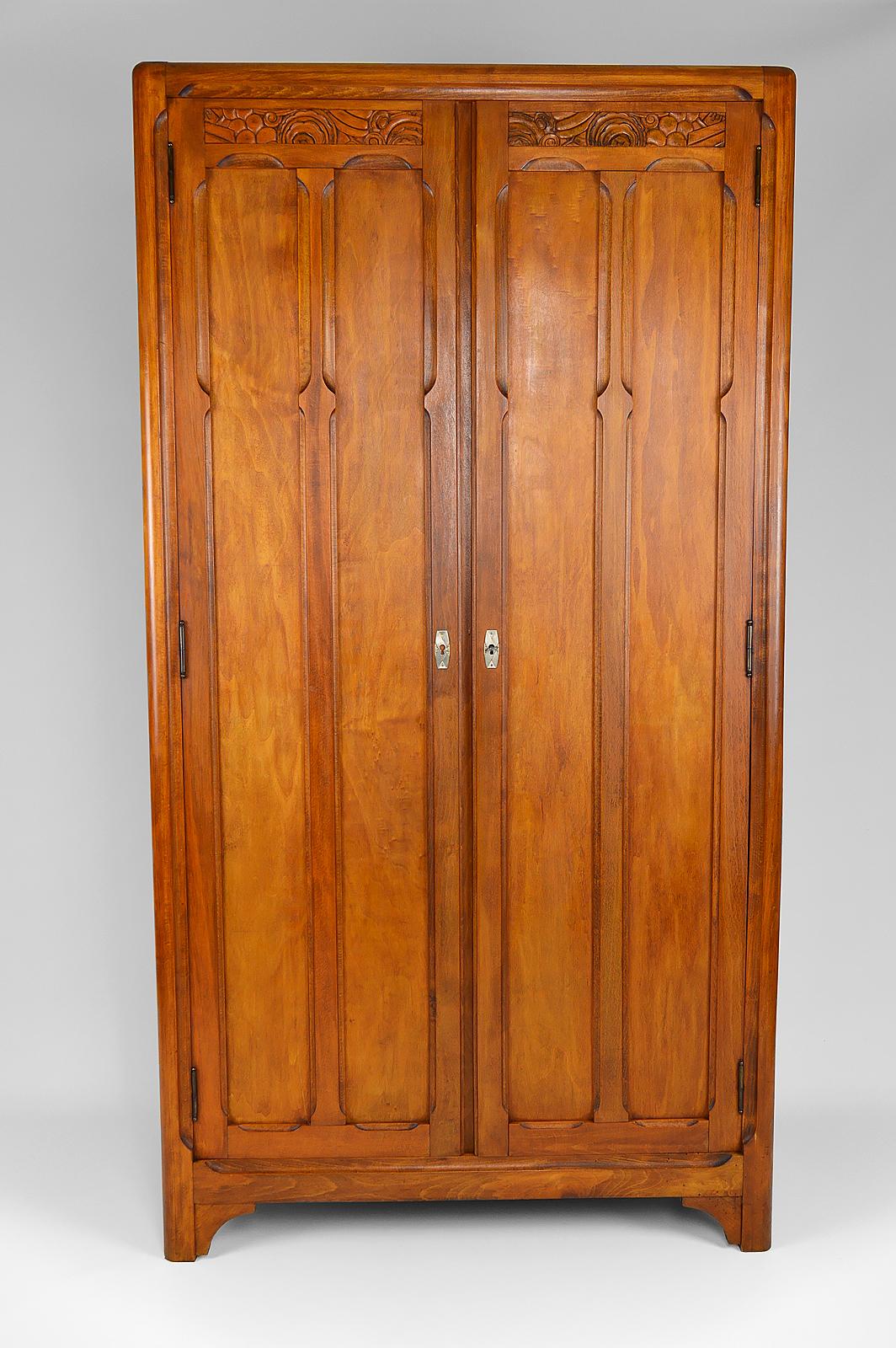 French Art Deco Wardrobe in Carved Wood, France, circa 1930